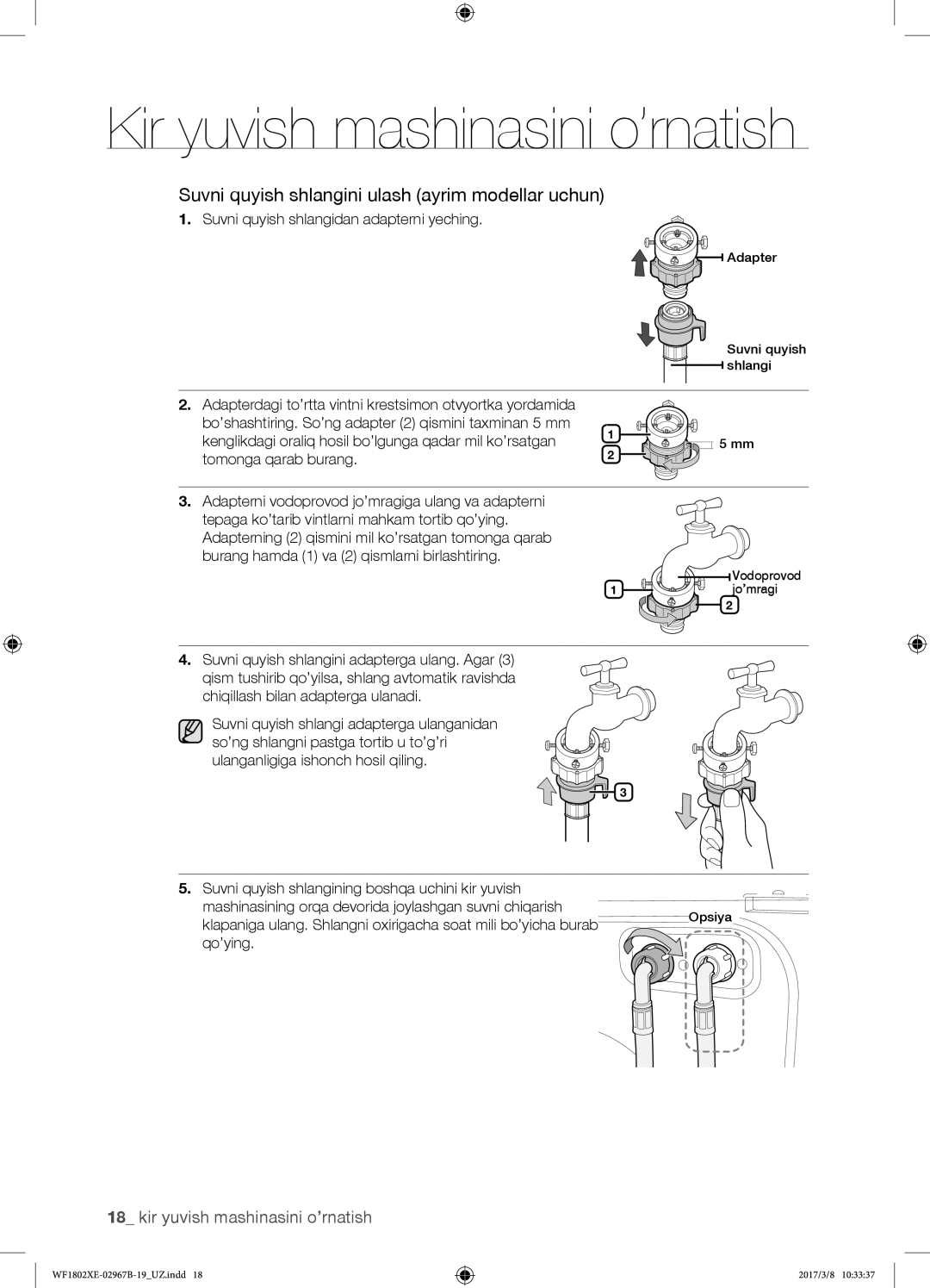 Samsung WF1802XEC/YLP manual Suvni quyish shlangini ulash ayrim modellar uchun, Suvni quyish shlangidan adapterni yeching 