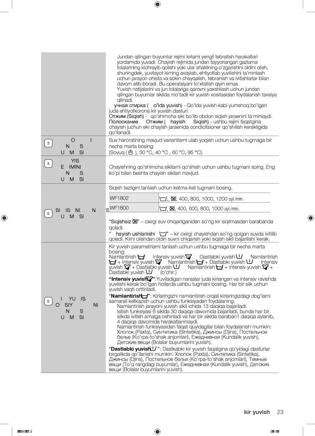 Samsung WF1802XEY/YLP manual Harorati, Tugmasi, Chayish Rejimini, Siqishni Tanlash WF1800, KIR Yuvish, Opsiyalarni 