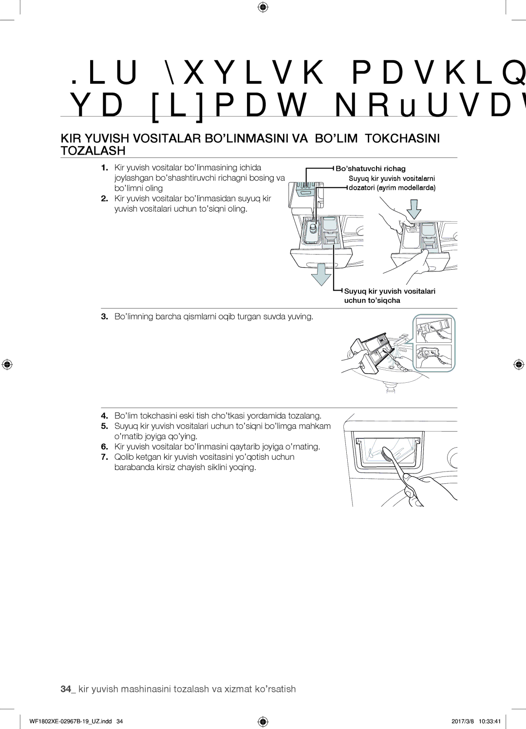 Samsung WF1802XEC/YLP, WF1802WECS/YLP, WF1802WEUS/YLP, WF1802XEY/YLP Kir yuvish mashinasini tozalash va xizmat ko’rsatish 