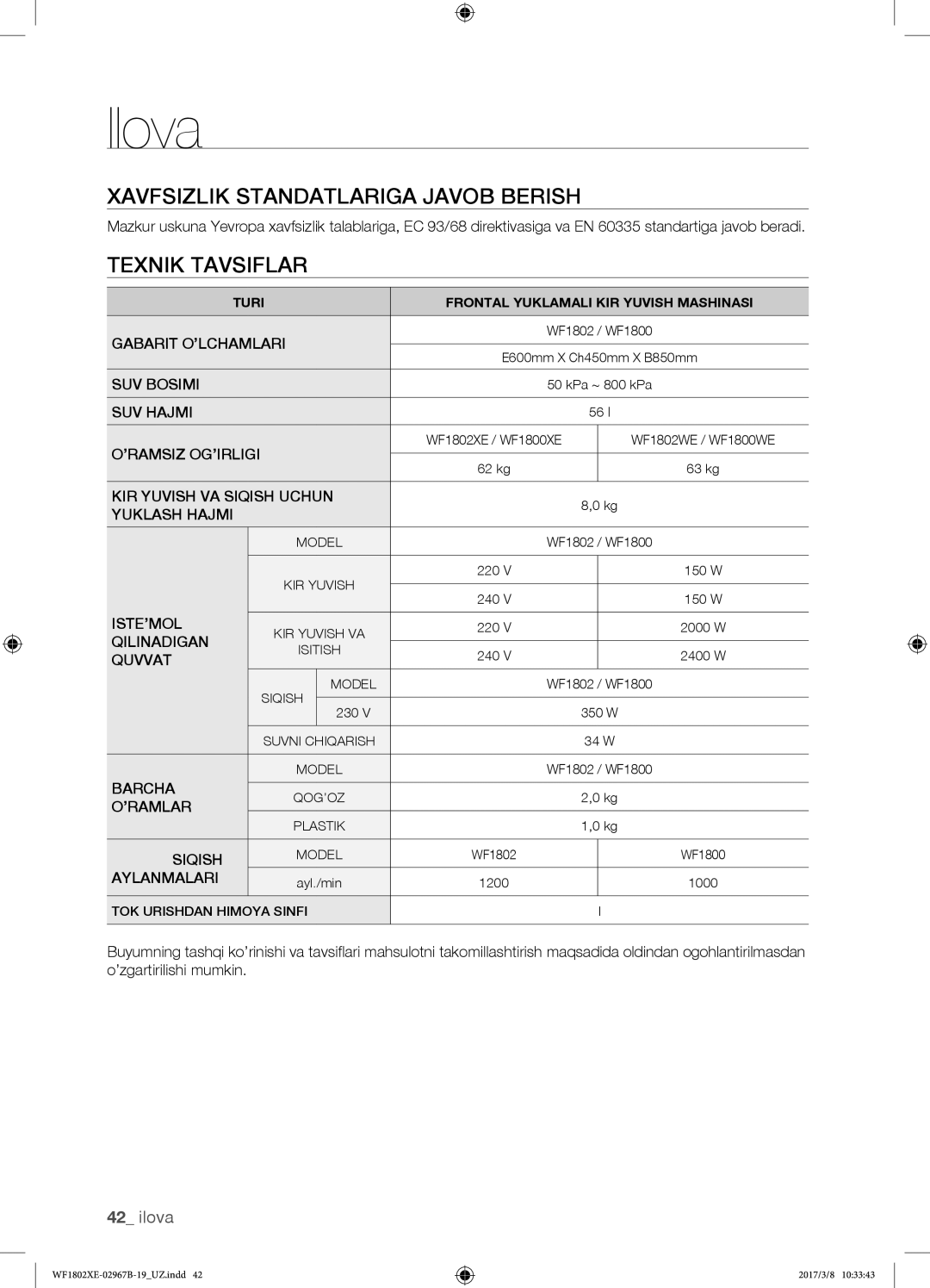 Samsung WF1802XEC/YLP, WF1802WECS/YLP, WF1802WEUS/YLP, WF1802XEY/YLP Xavfsizlik standatlariga javob berish, Texnik tavsiflar 