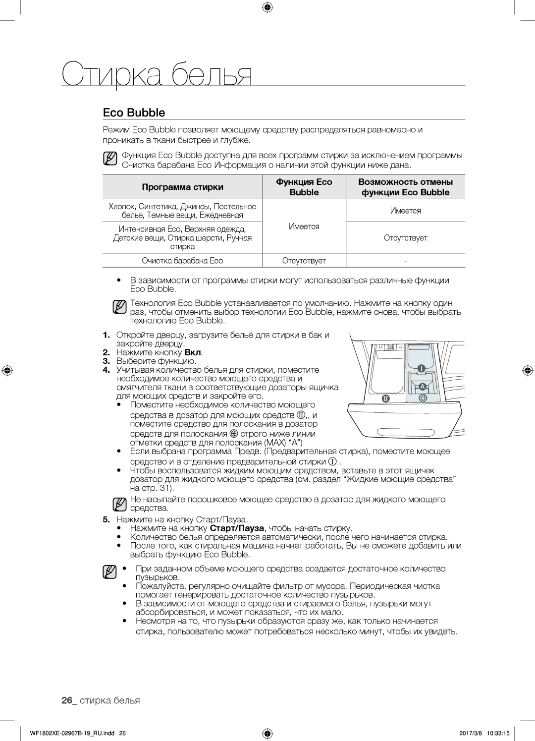 Samsung WF1802XEC/YLP, WF1802WECS/YLP, WF1802WEUS/YLP, WF1802XEY/YLP manual Eco Bubble, 26 стирка белья 