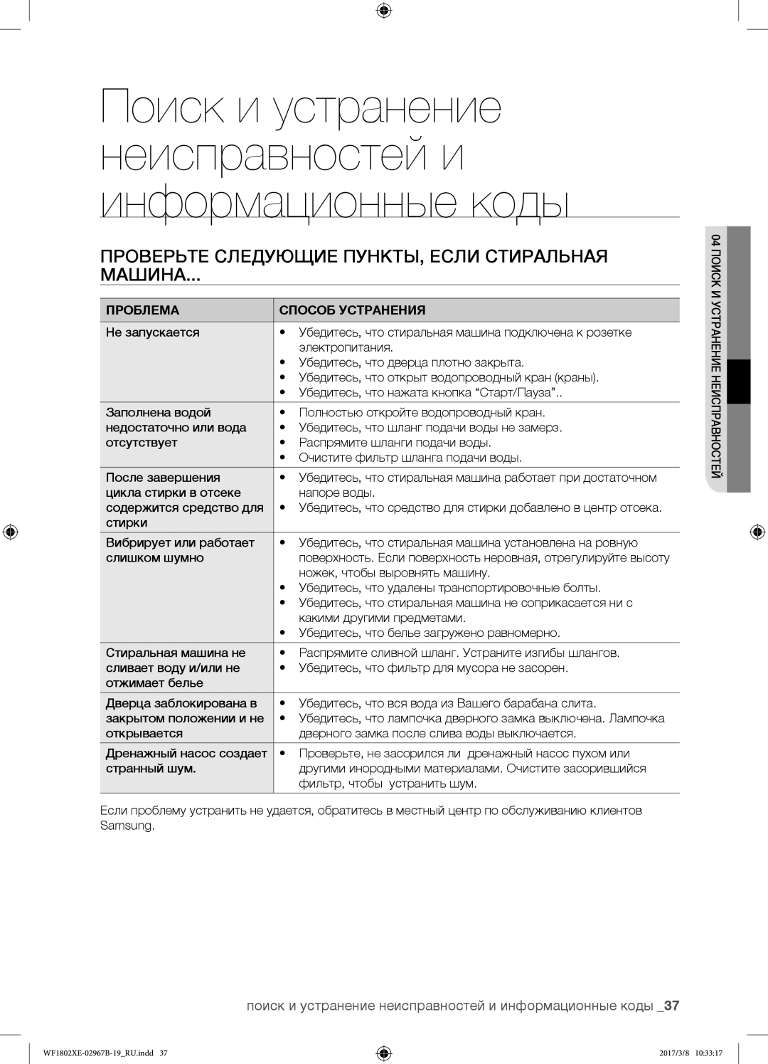 Samsung WF1802WEUS/YLP, WF1802WECS/YLP manual Проверьте следующие пункты, если стиральная Машина, Проблема Способ Устранения 