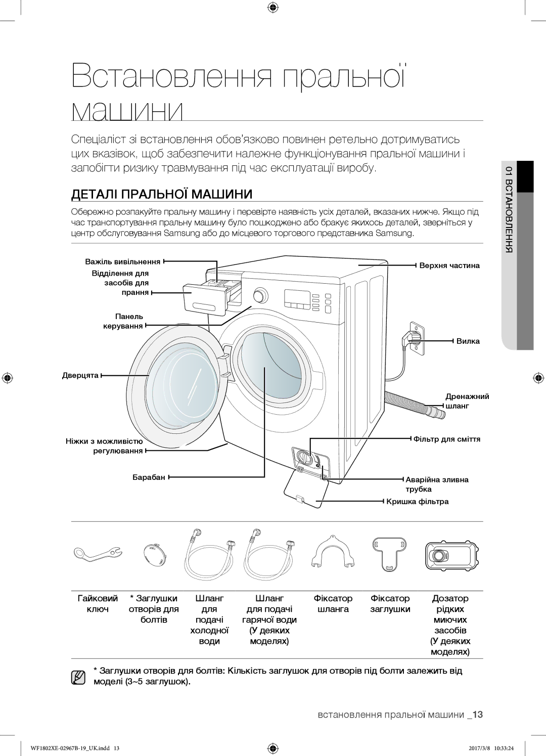 Samsung WF1802WEUS/YLP, WF1802WECS/YLP, WF1802XEC/YLP, WF1802XEY/YLP Встановлення пральної машини, Деталі пральної машини 