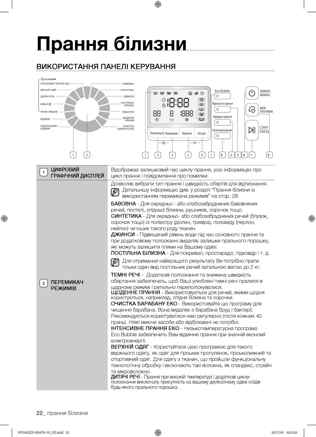 Samsung WF1802XEC/YLP, WF1802WECS/YLP, WF1802WEUS/YLP, WF1802XEY/YLP manual Використання панелі керування, 22 прання білизни 