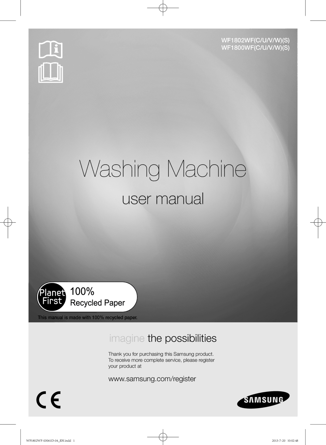 Samsung WF1802WFVS/YLE manual Washing Machine, This manual is made with 100% recycled paper 