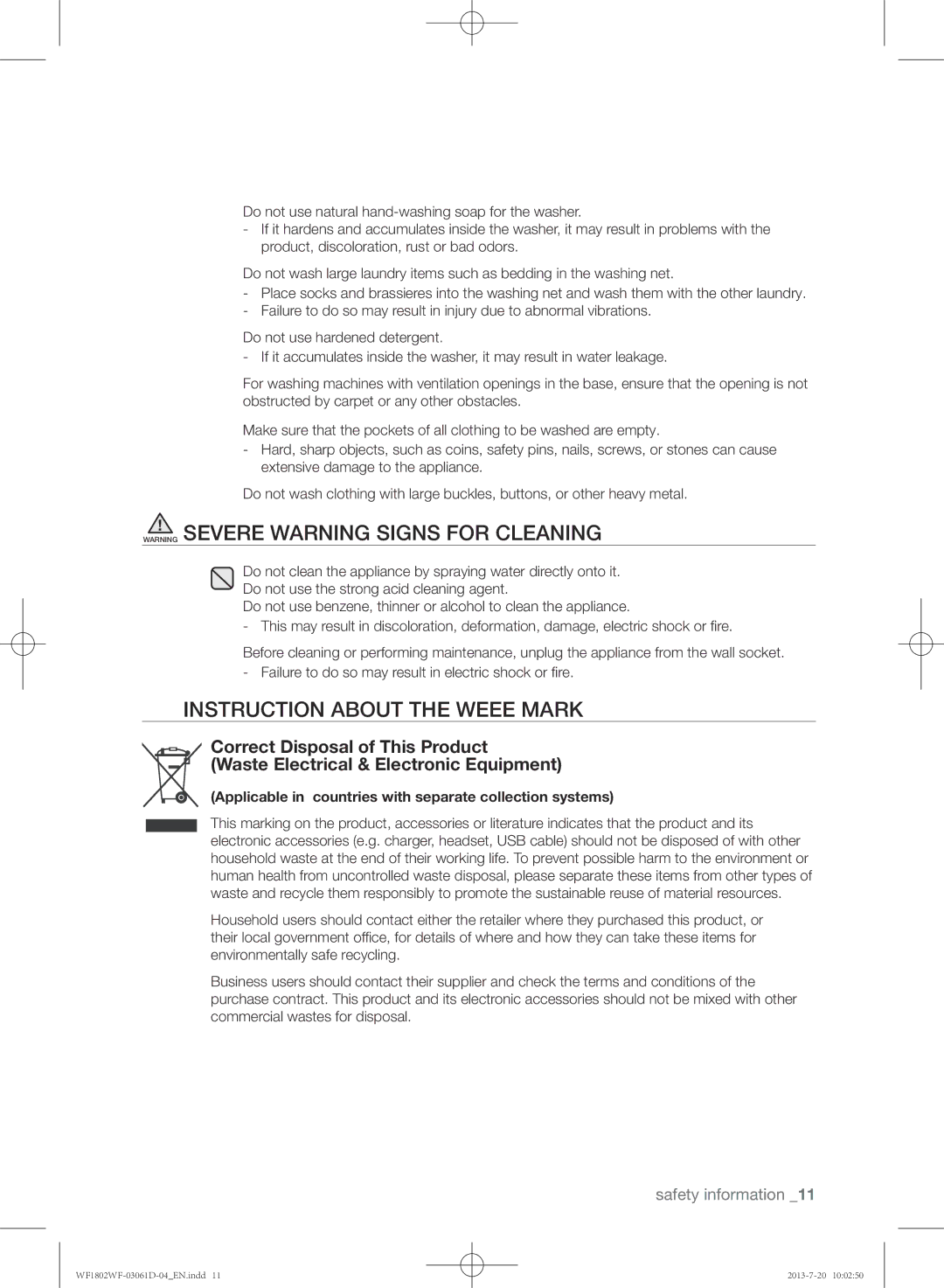 Samsung WF1802WFVS/YLE manual Instruction about the Weee mark, Applicable in countries with separate collection systems 