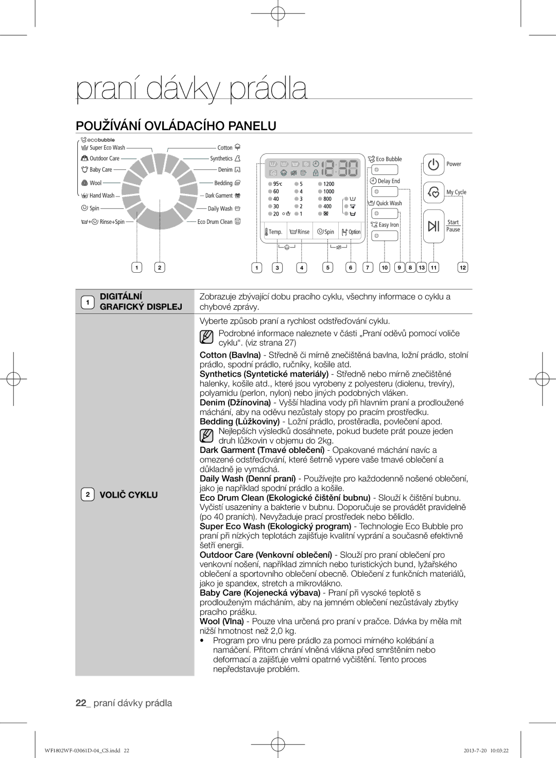 Samsung WF1802WFVS/YLE manual Používání ovládacího panelu, Digitální, Grafický Displej, Chybové zprávy, Volič Cyklu 