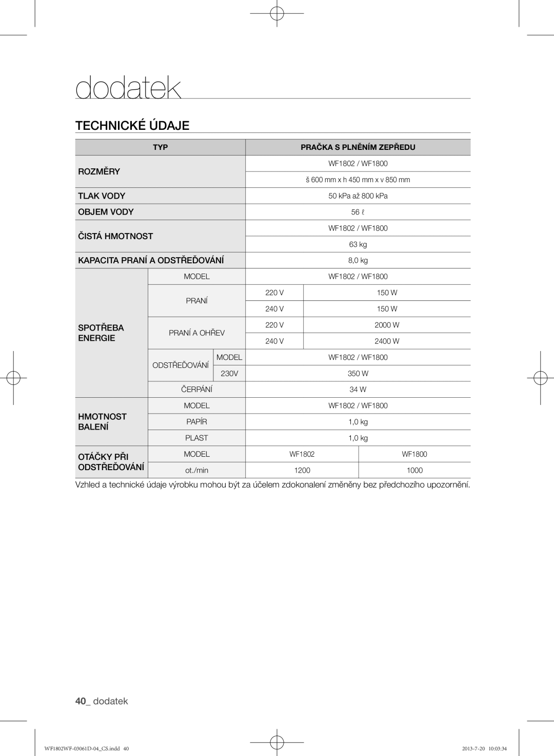 Samsung WF1802WFVS/YLE manual Technické údaje 