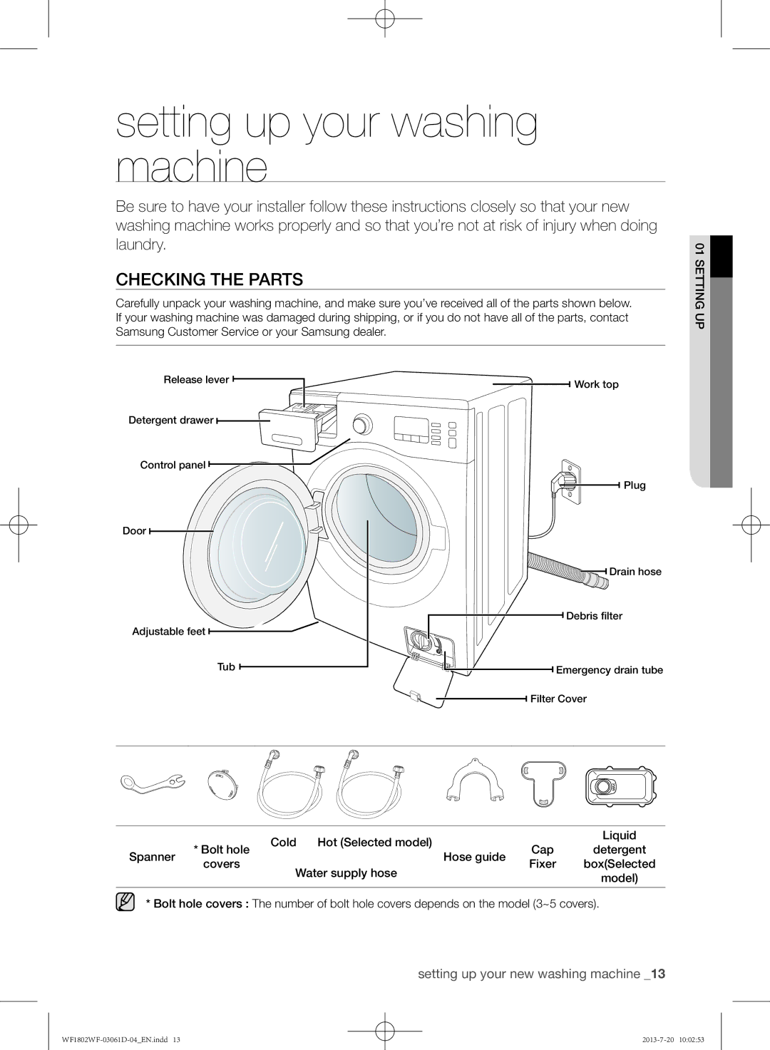 Samsung WF1802WFVS/YLE manual Setting up your washing machine, Checking the parts, Setting up your new washing machine 