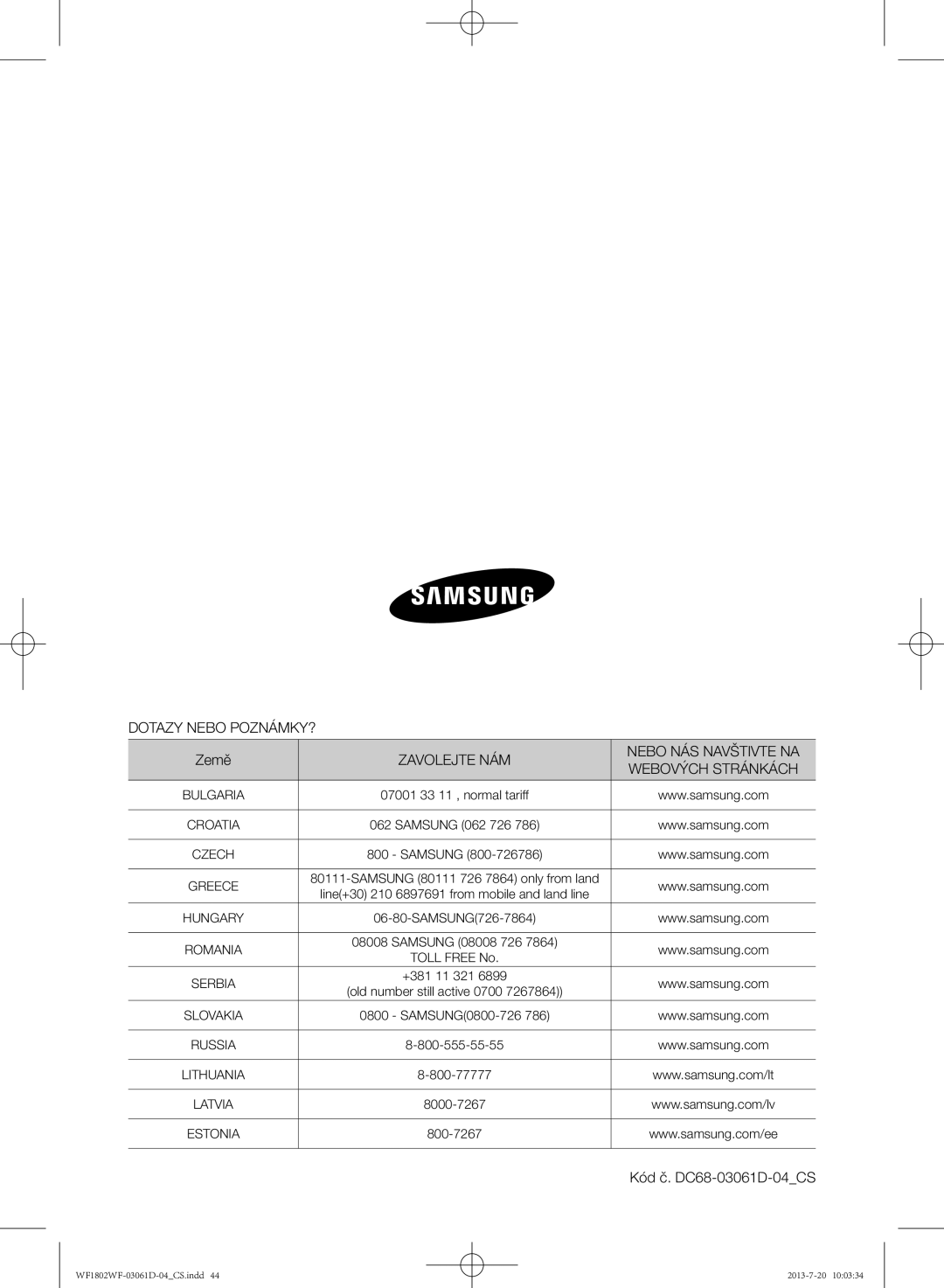 Samsung WF1802WFVS/YLE manual Dotazy Nebo POZNÁMKY?, Země, Zavolejte NÁM Nebo NÁS Navštivte NA 