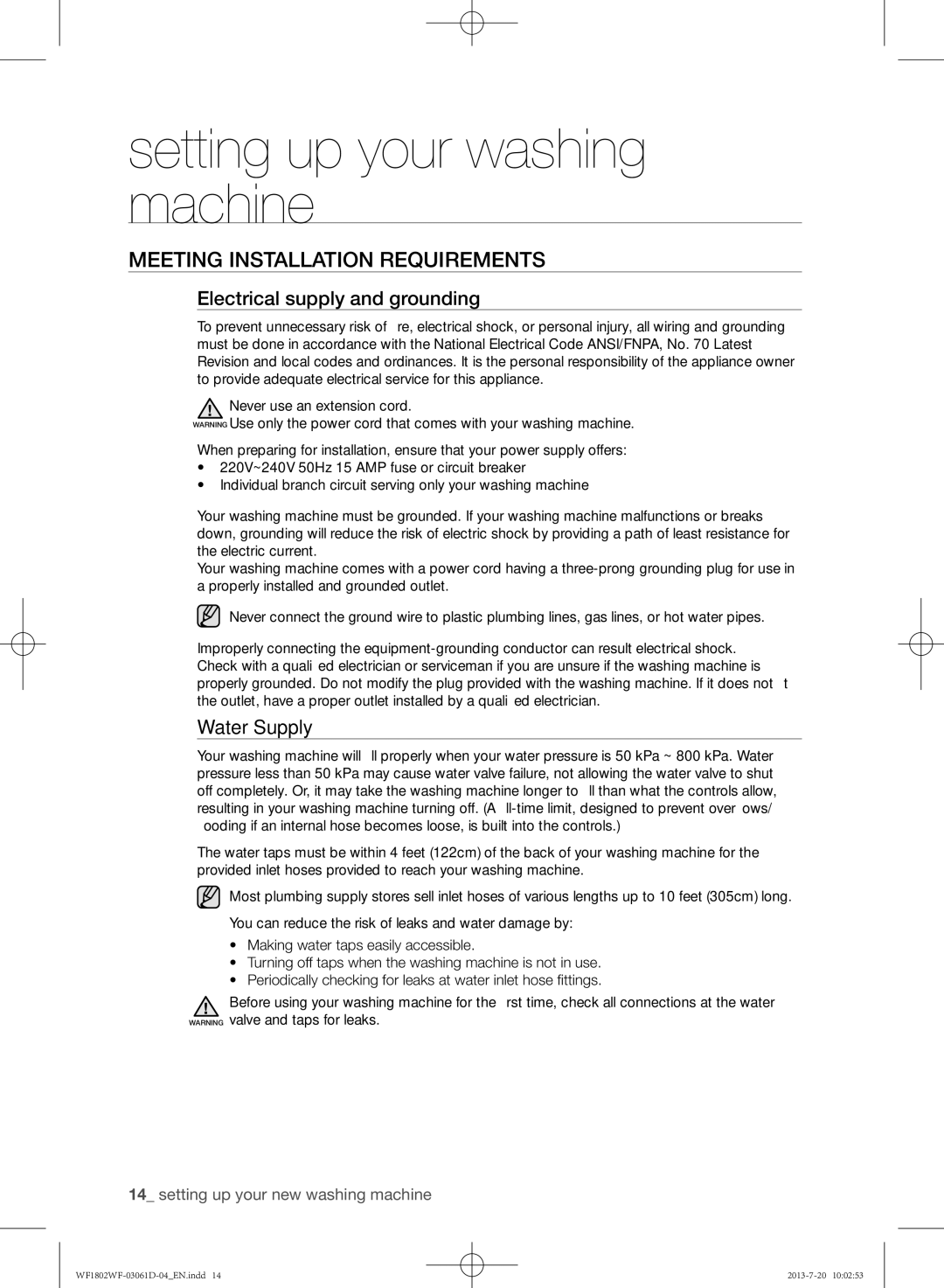 Samsung WF1802WFVS/YLE manual Meeting installation requirements, Electrical supply and grounding, Water Supply 