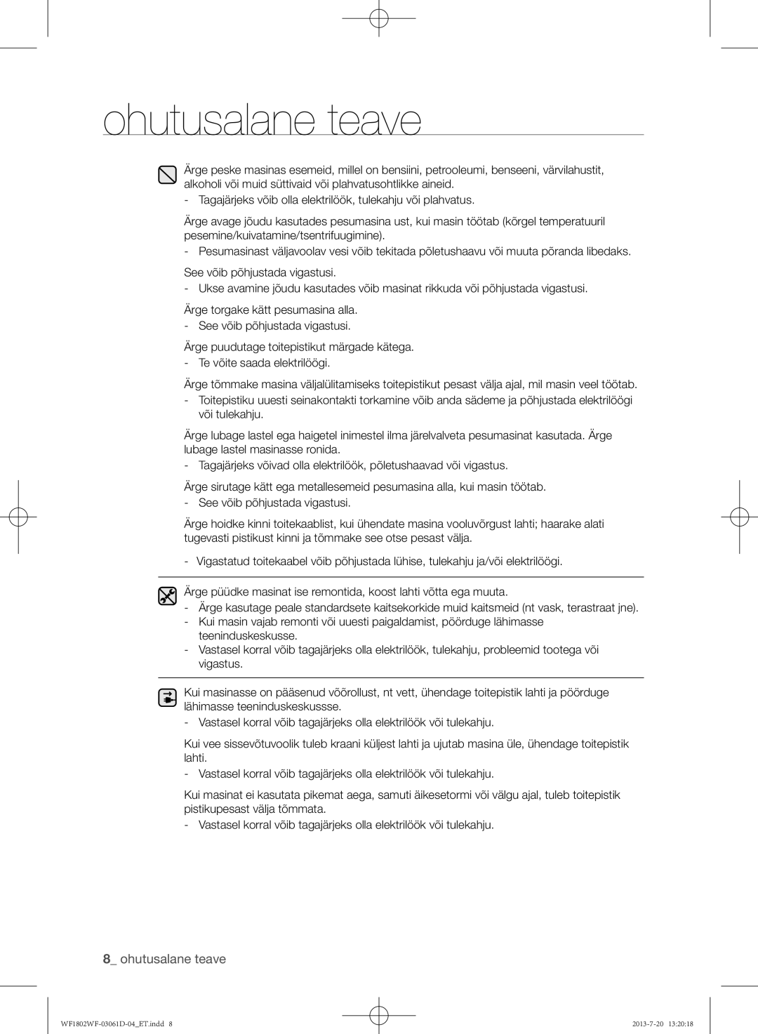 Samsung WF1802WFVS/YLE manual Ohutusalane teave 