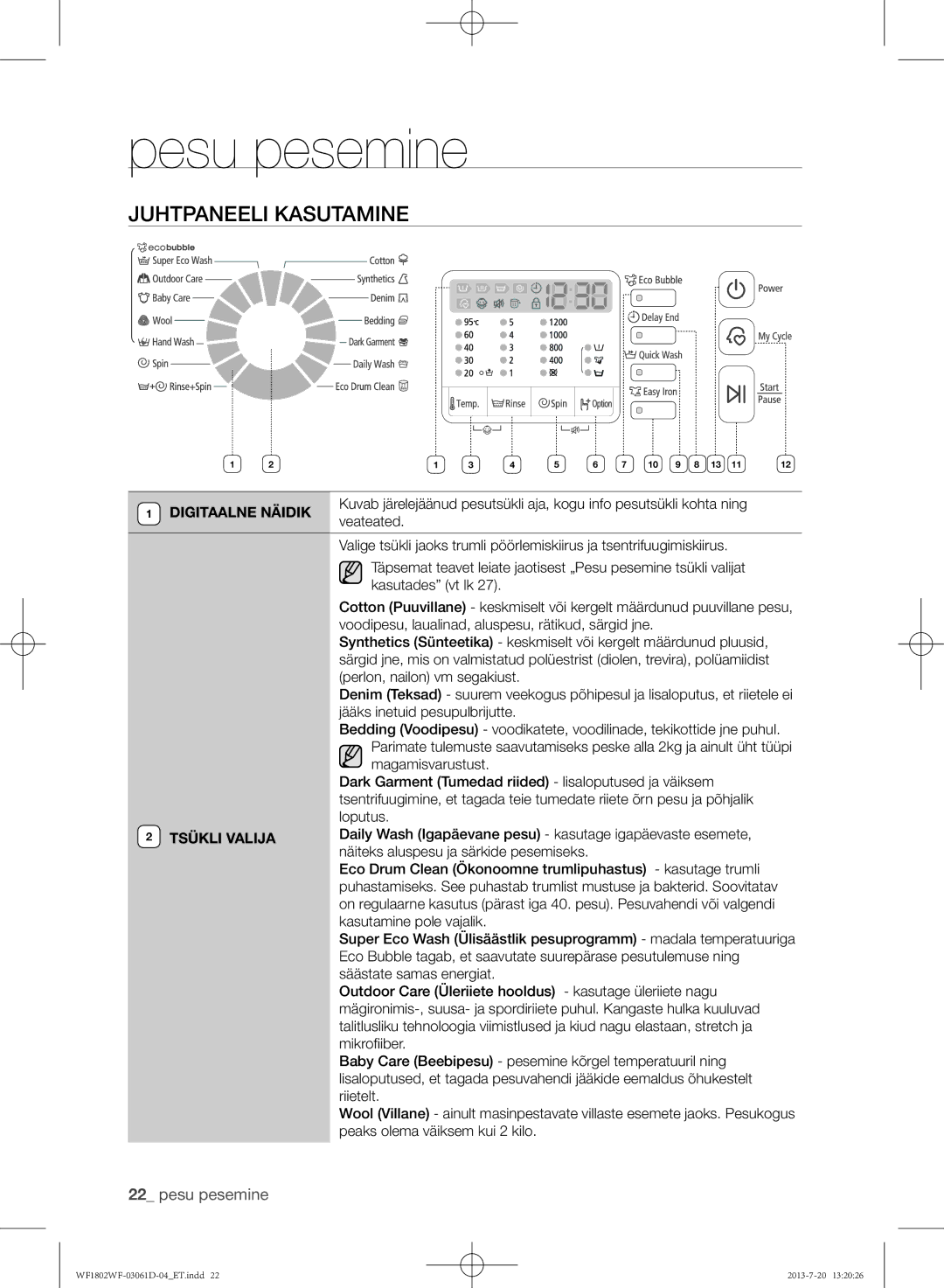 Samsung WF1802WFVS/YLE manual Juhtpaneeli kasutamine, Digitaalne Näidik, Tsükli Valija 