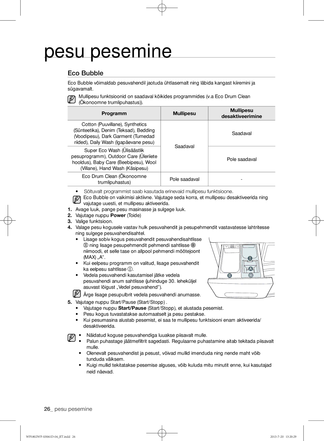 Samsung WF1802WFVS/YLE manual Eco Bubble, Programm Mullipesu Desaktiveerimine 