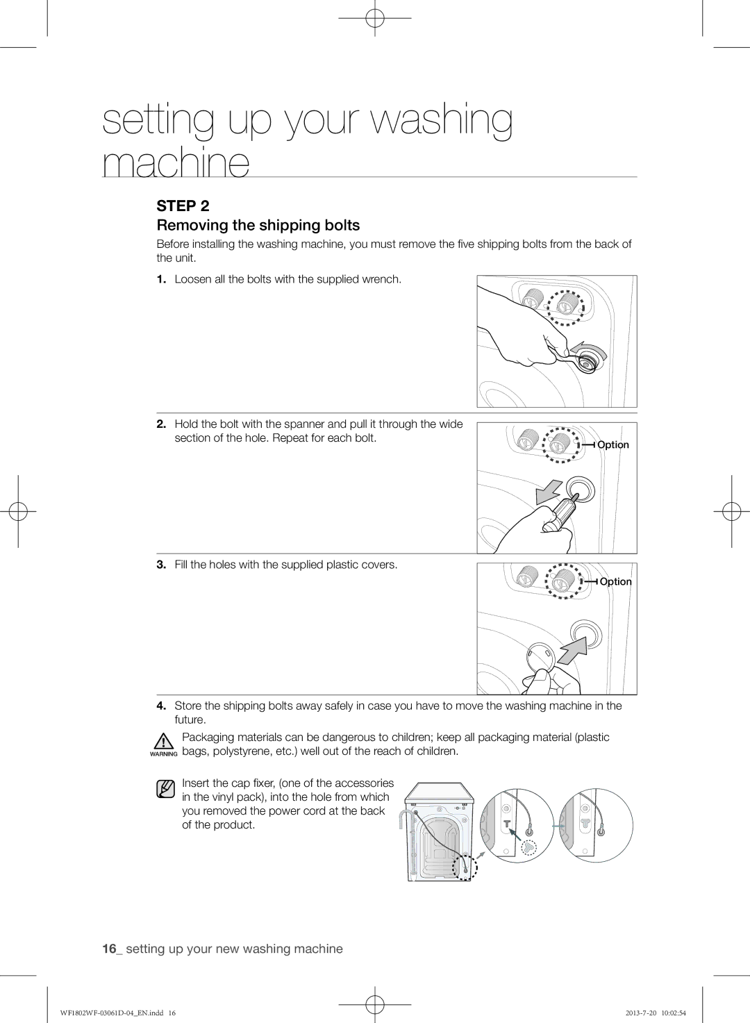 Samsung WF1802WFVS/YLE manual Removing the shipping bolts 