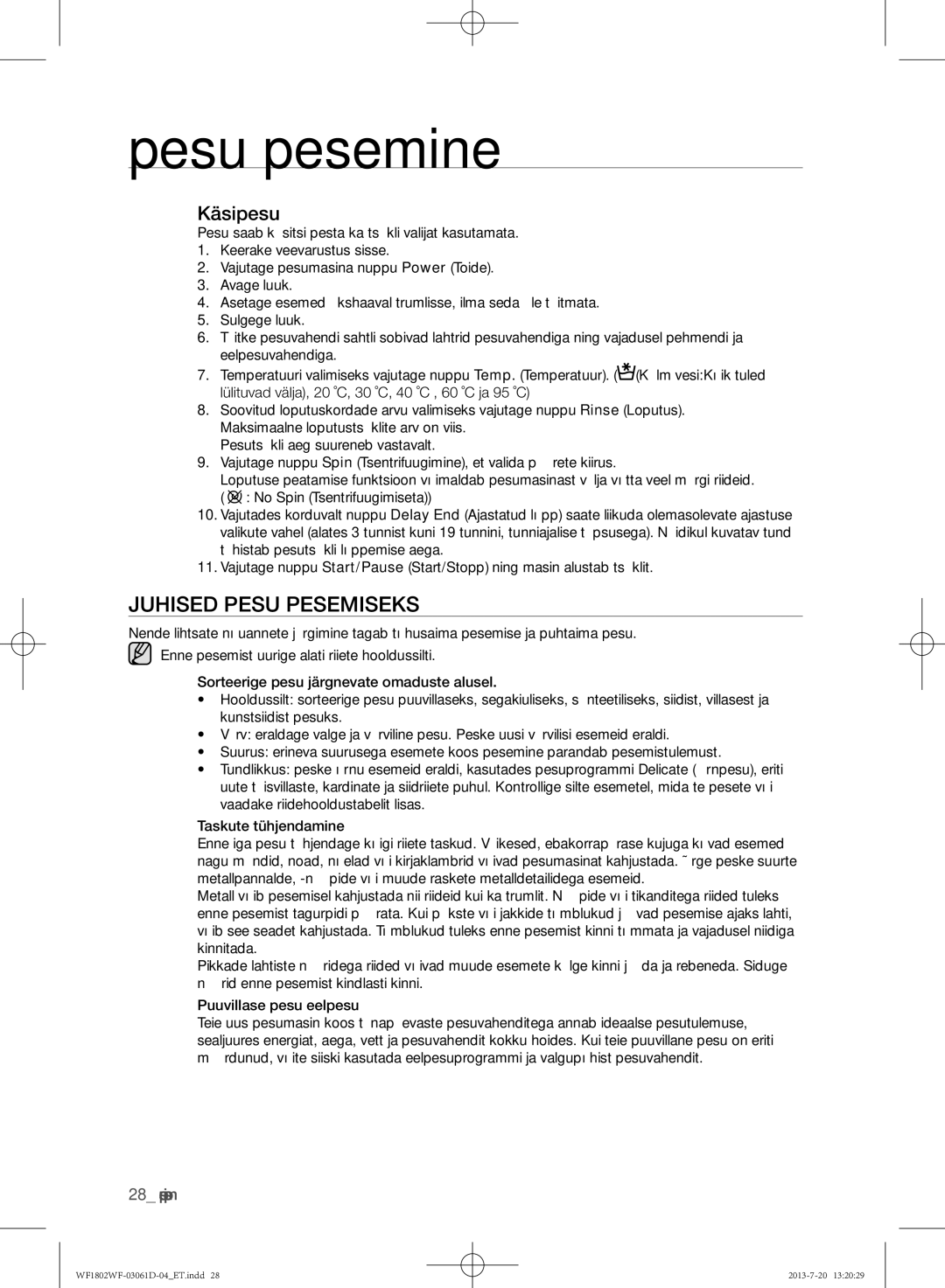 Samsung WF1802WFVS/YLE manual Juhised pesu pesemiseks, Käsipesu 