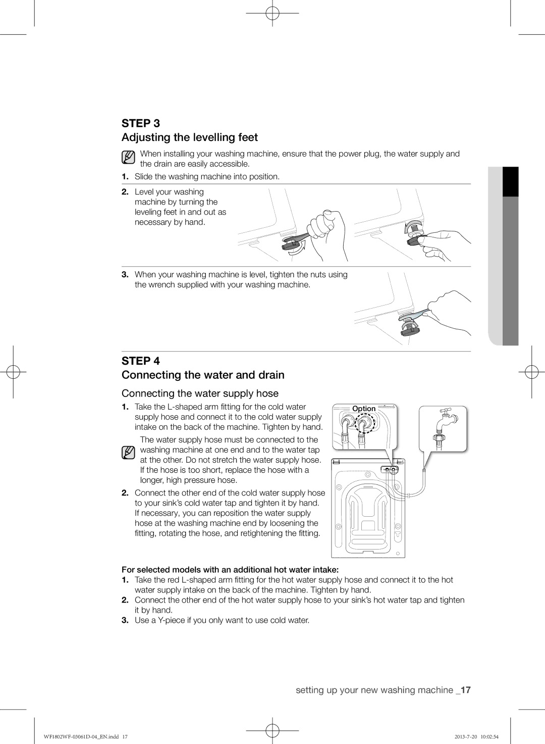 Samsung WF1802WFVS/YLE Adjusting the levelling feet, Connecting the water and drain, Connecting the water supply hose 