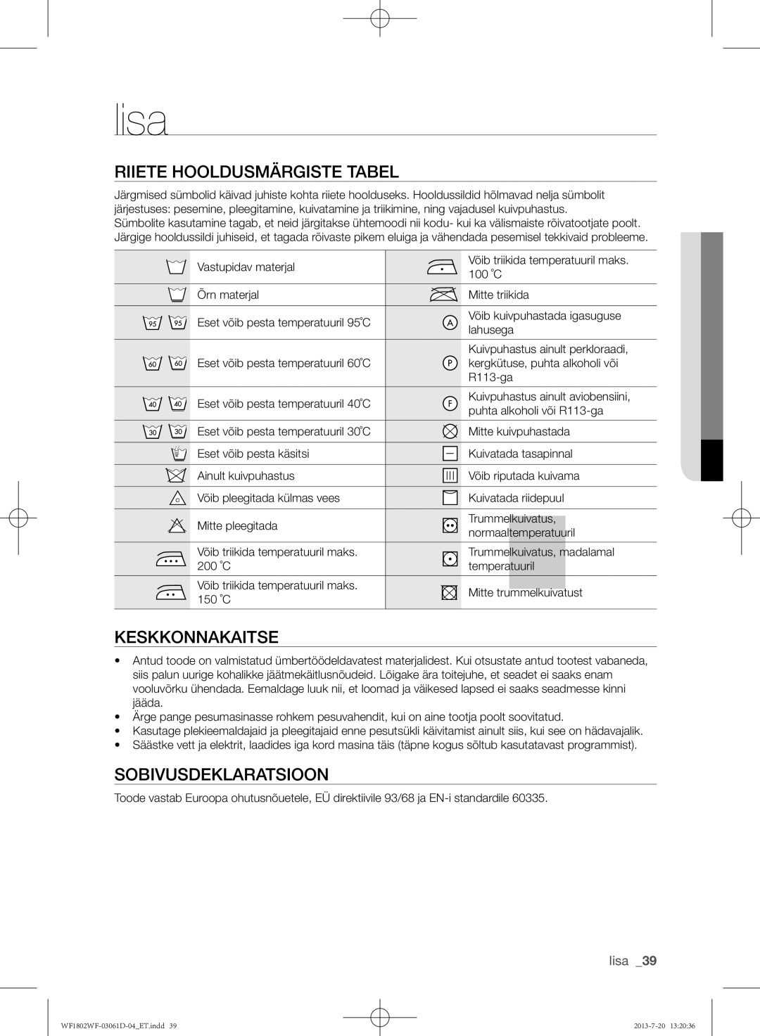 Samsung WF1802WFVS/YLE manual Lisa, Riiete hooldusmärgiste tabel, Keskkonnakaitse, Sobivusdeklaratsioon 