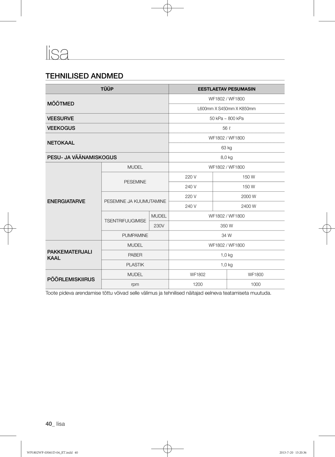 Samsung WF1802WFVS/YLE manual Tehnilised andmed 