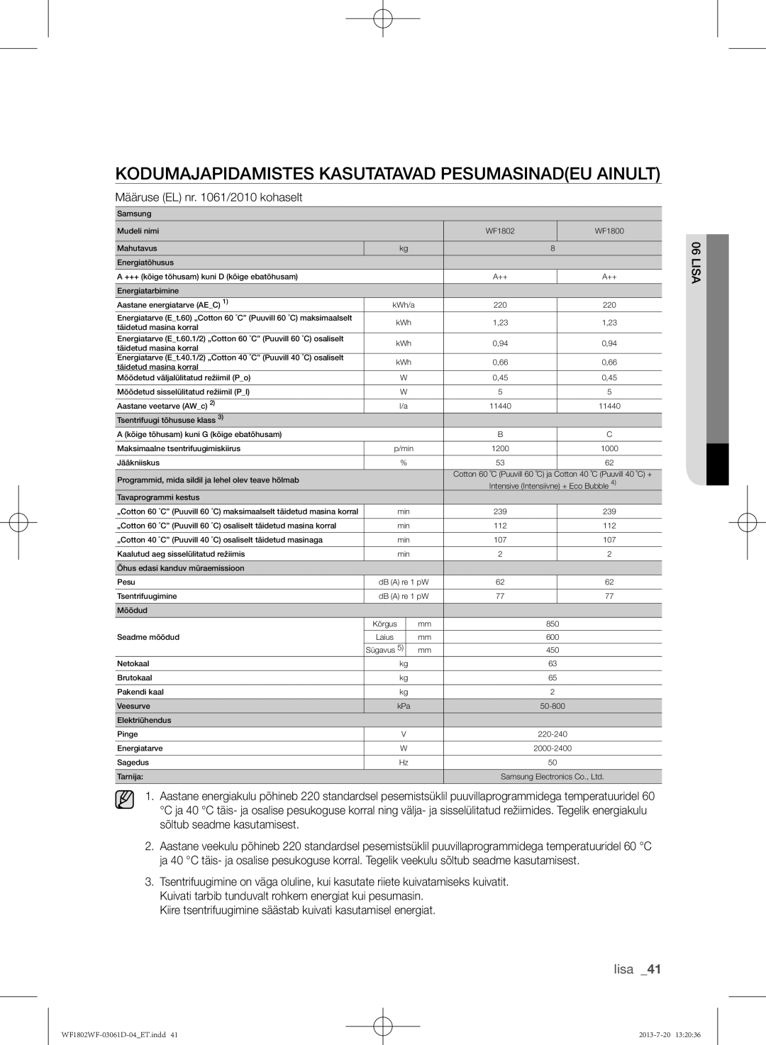 Samsung WF1802WFVS/YLE manual Kodumajapidamistes kasutatavad pesumasinadEU ainult, Määruse EL nr /2010 kohaselt 