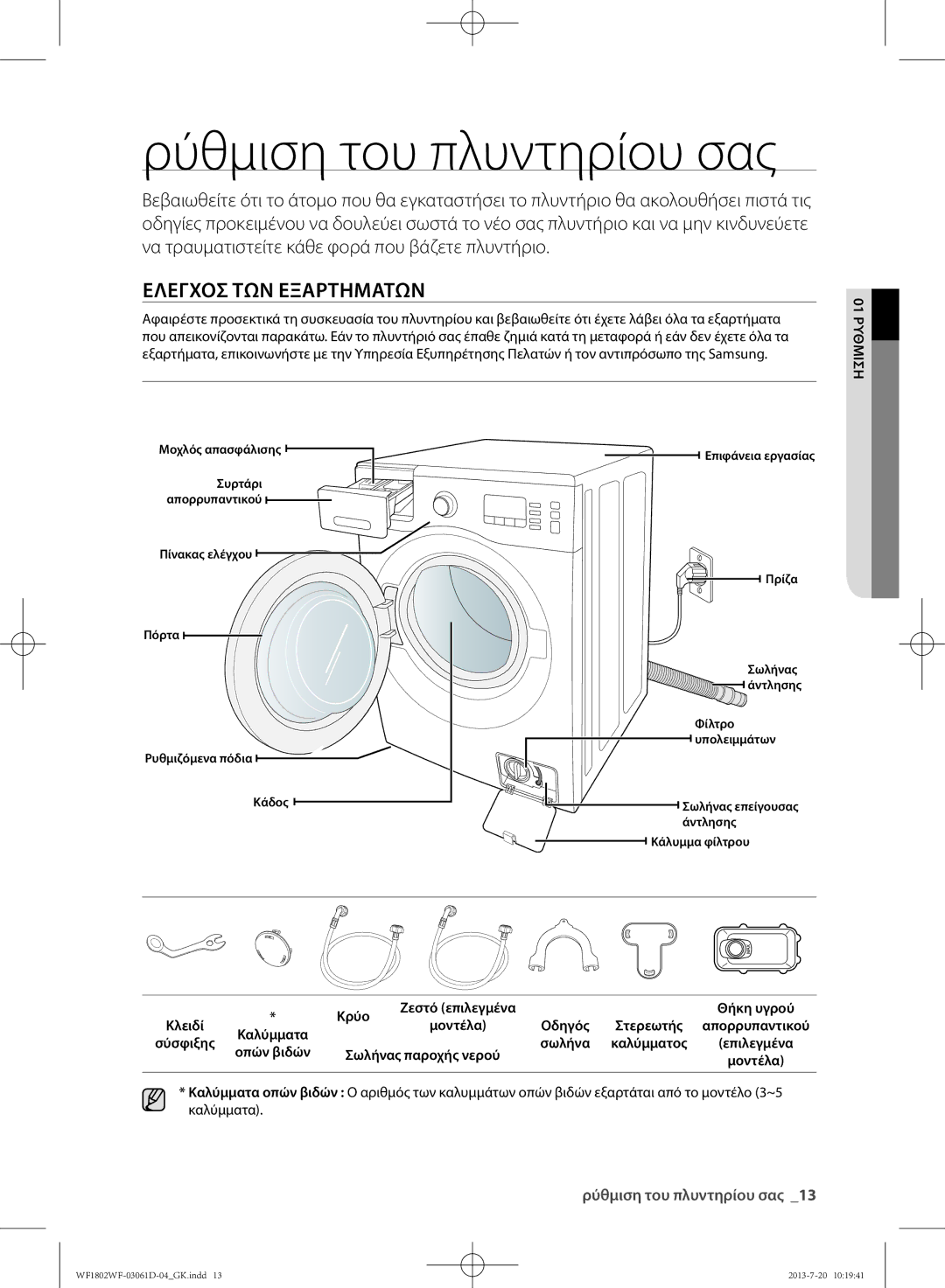 Samsung WF1802WFVS/YLE manual Ρύθμιση του πλυντηρίου σας, 01 ρύθμιση Κρύο, Σωλήνας παροχής νερού 