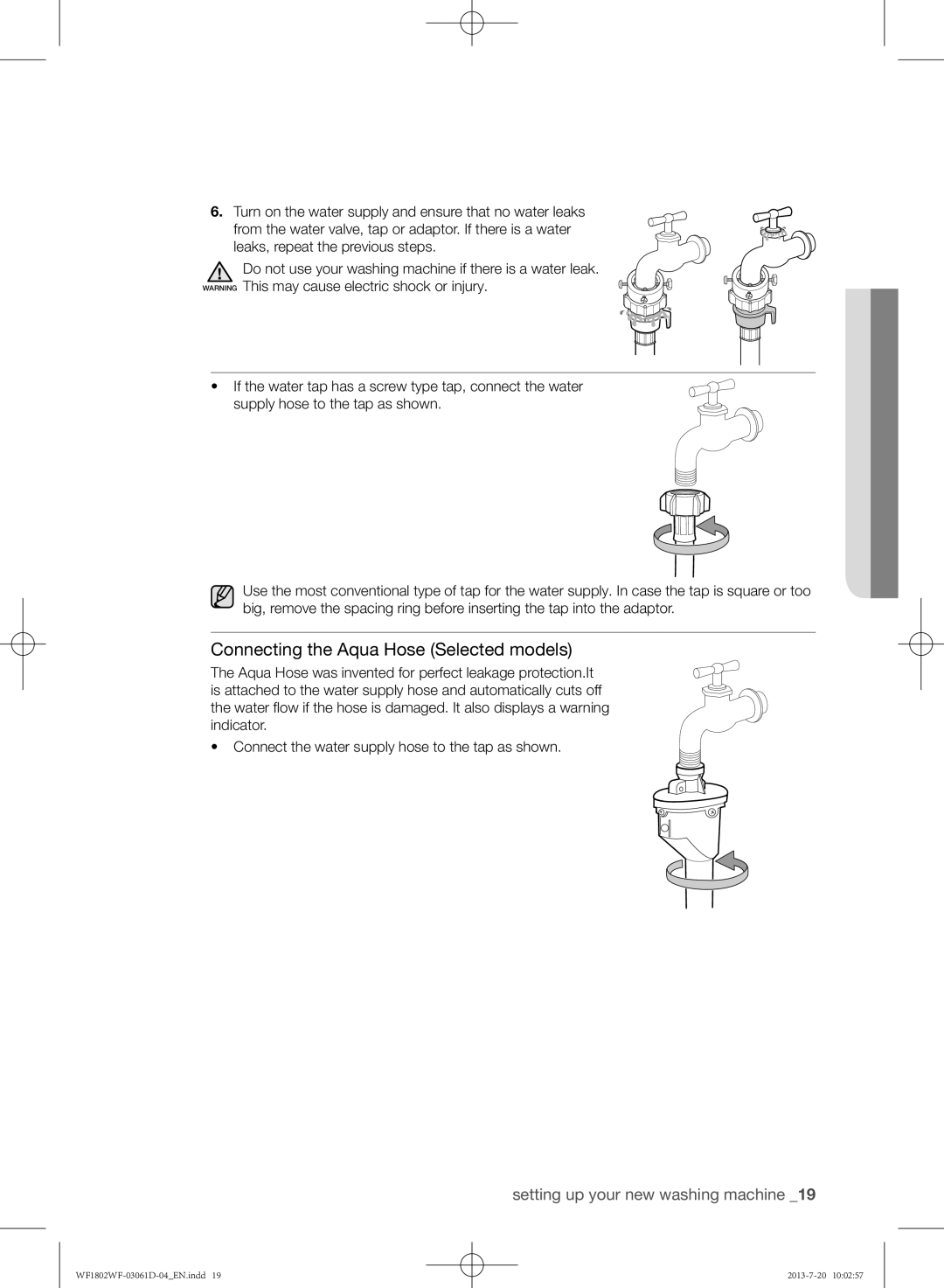 Samsung WF1802WFVS/YLE manual Connecting the Aqua Hose Selected models 