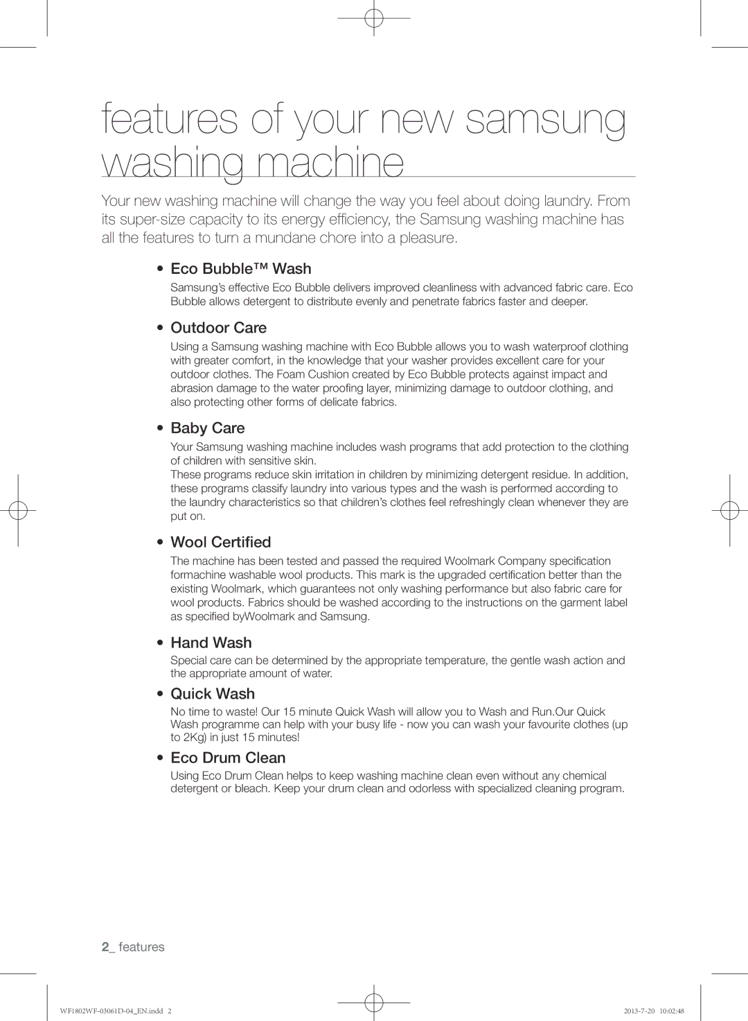 Samsung WF1802WFVS/YLE manual Features of your new samsung washing machine 