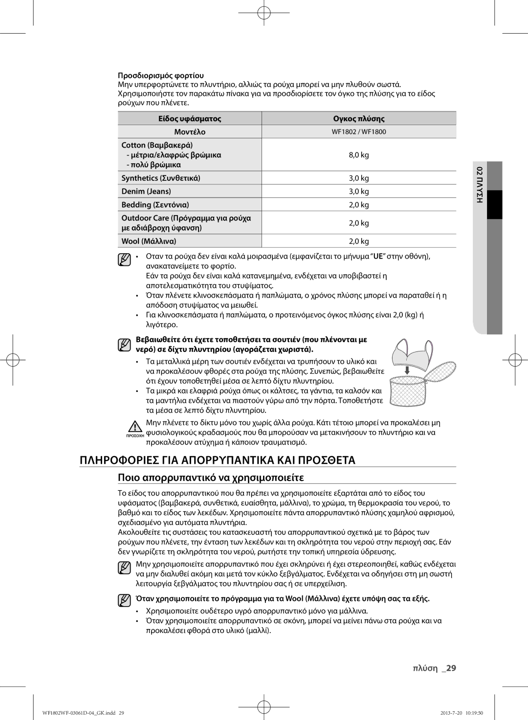 Samsung WF1802WFVS/YLE manual Προσδιορισμός φορτίου, Είδος υφάσματος Ογκος πλύσης Μοντέλο 