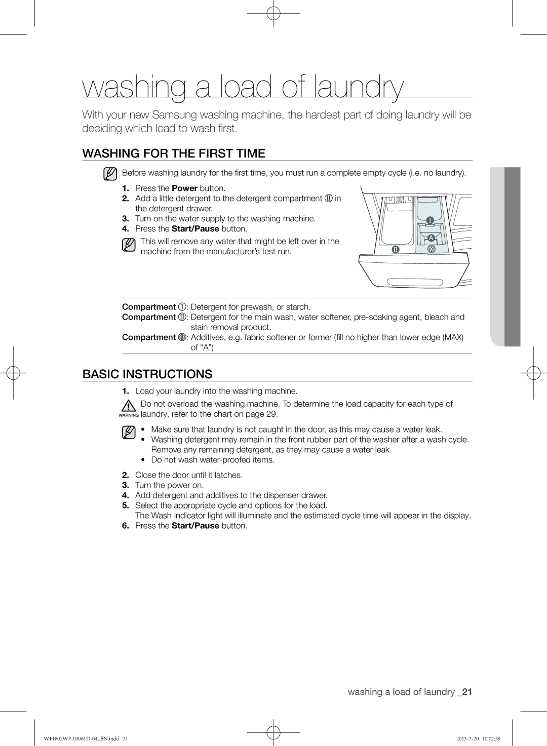 Samsung WF1802WFVS/YLE manual Washing a load of laundry, Washing for the first time, Basic instructions 