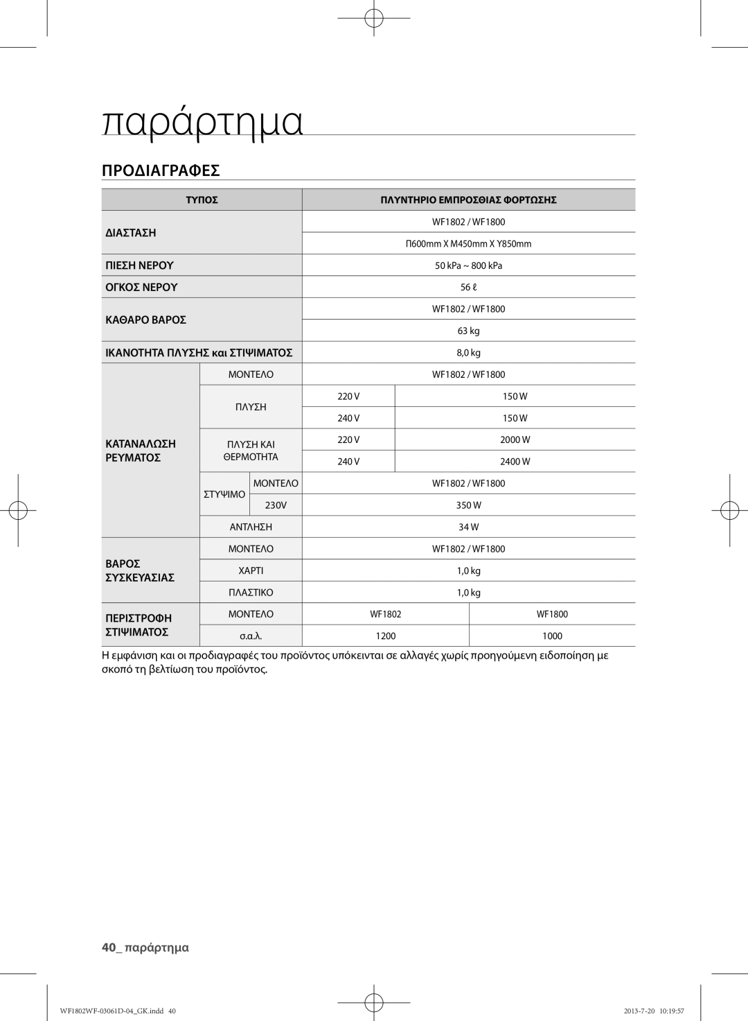 Samsung WF1802WFVS/YLE Διασταση, Πιεση Νερου, Ογκοσ Νερου, Καθαρο Βαροσ, Καταναλωση, Ρευματοσ, Συσκευασιασ, Περιστροφη 