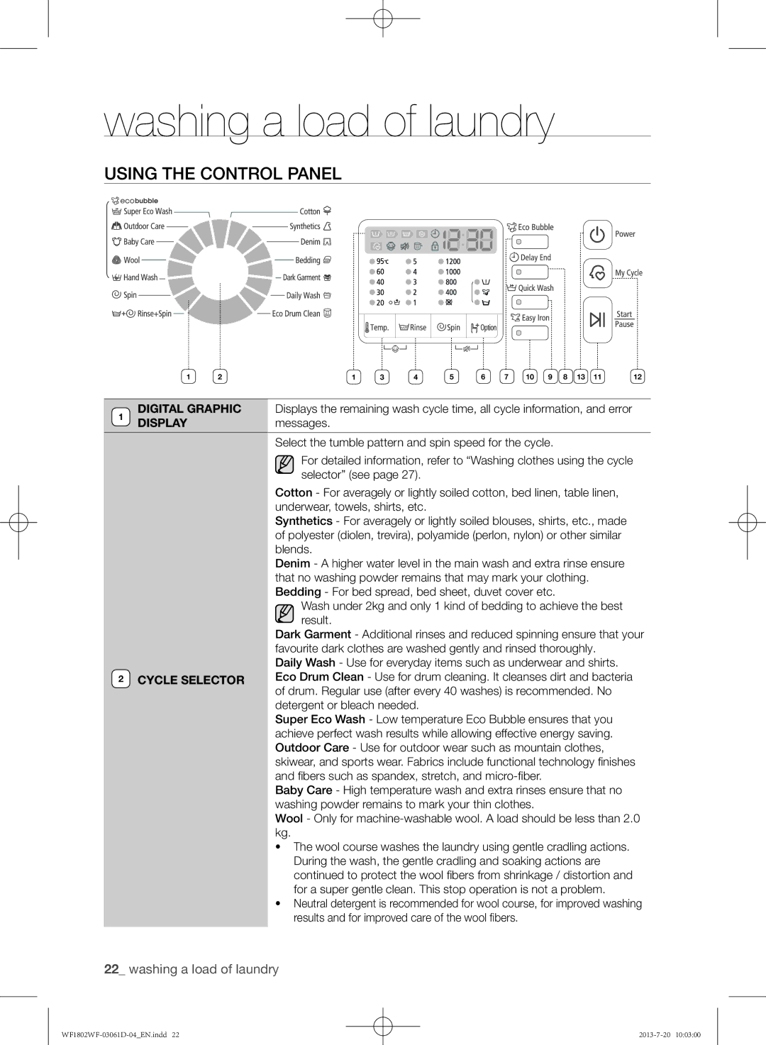 Samsung WF1802WFVS/YLE manual Using the control panel, Digital Graphic, Display, Messages, Cycle Selector 