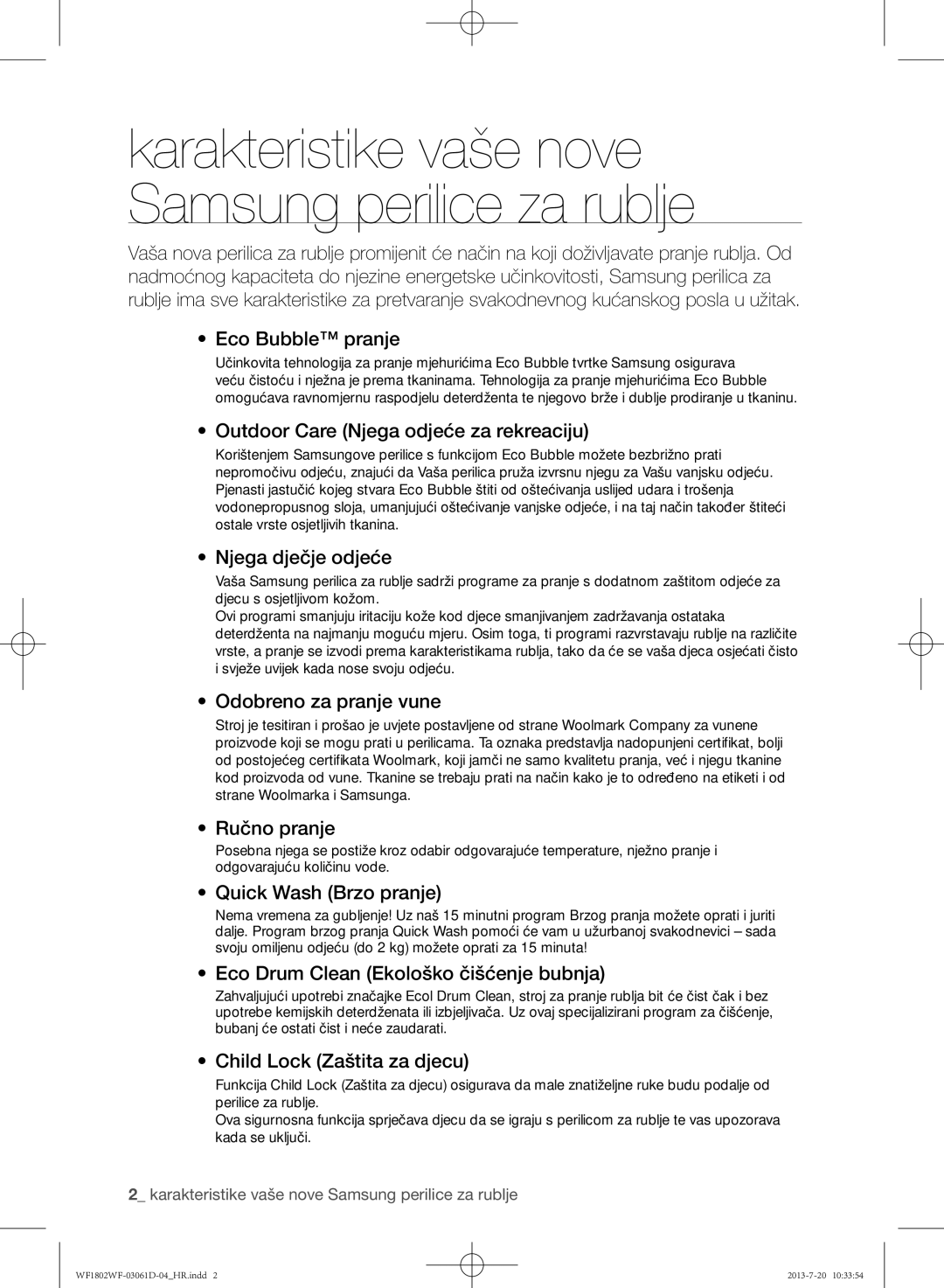 Samsung WF1802WFVS/YLE manual Eco Bubble pranje, Outdoor Care Njega odjeće za rekreaciju, Njega dječje odjeće, Ručno pranje 