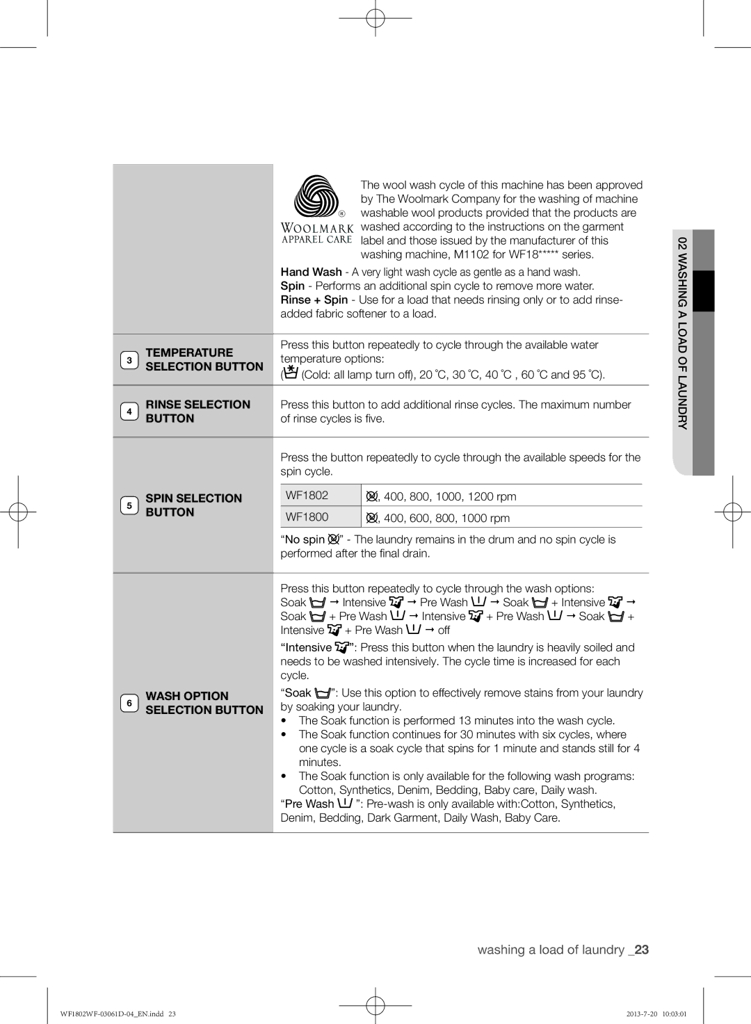 Samsung WF1802WFVS/YLE manual Temperature, Spin Selection, Wash Option Selection Button 