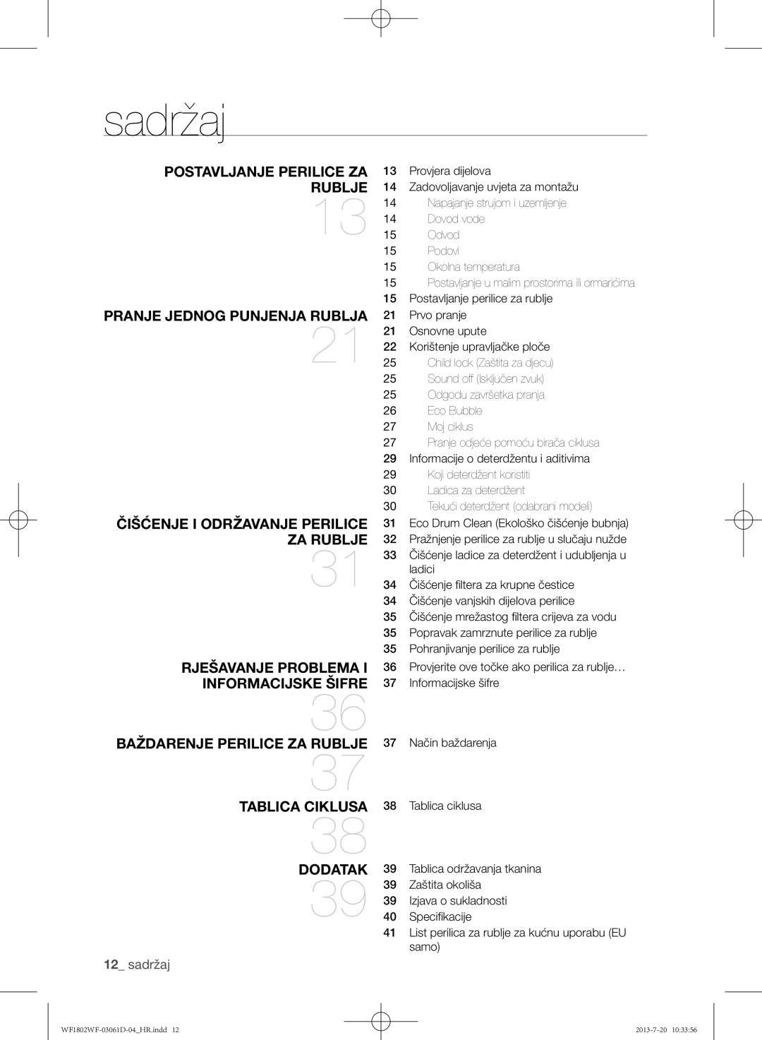 Samsung WF1802WFVS/YLE manual Sadržaj 