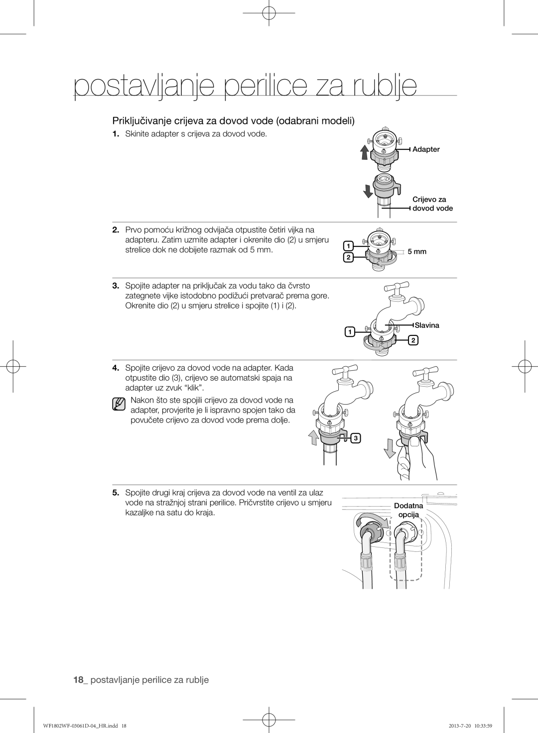 Samsung WF1802WFVS/YLE manual Priključivanje crijeva za dovod vode odabrani modeli, Skinite adapter s crijeva za dovod vode 