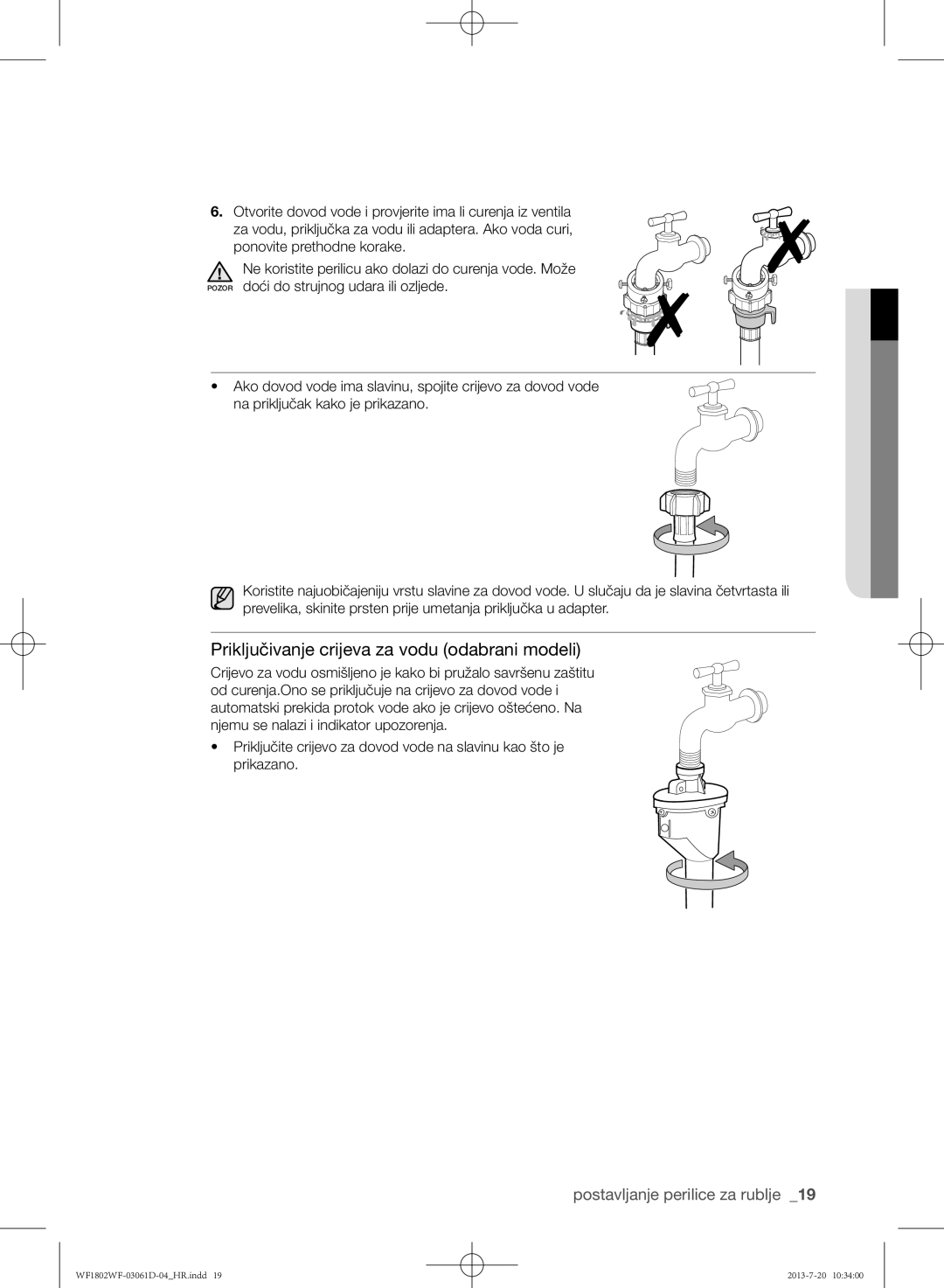 Samsung WF1802WFVS/YLE manual Priključivanje crijeva za vodu odabrani modeli 