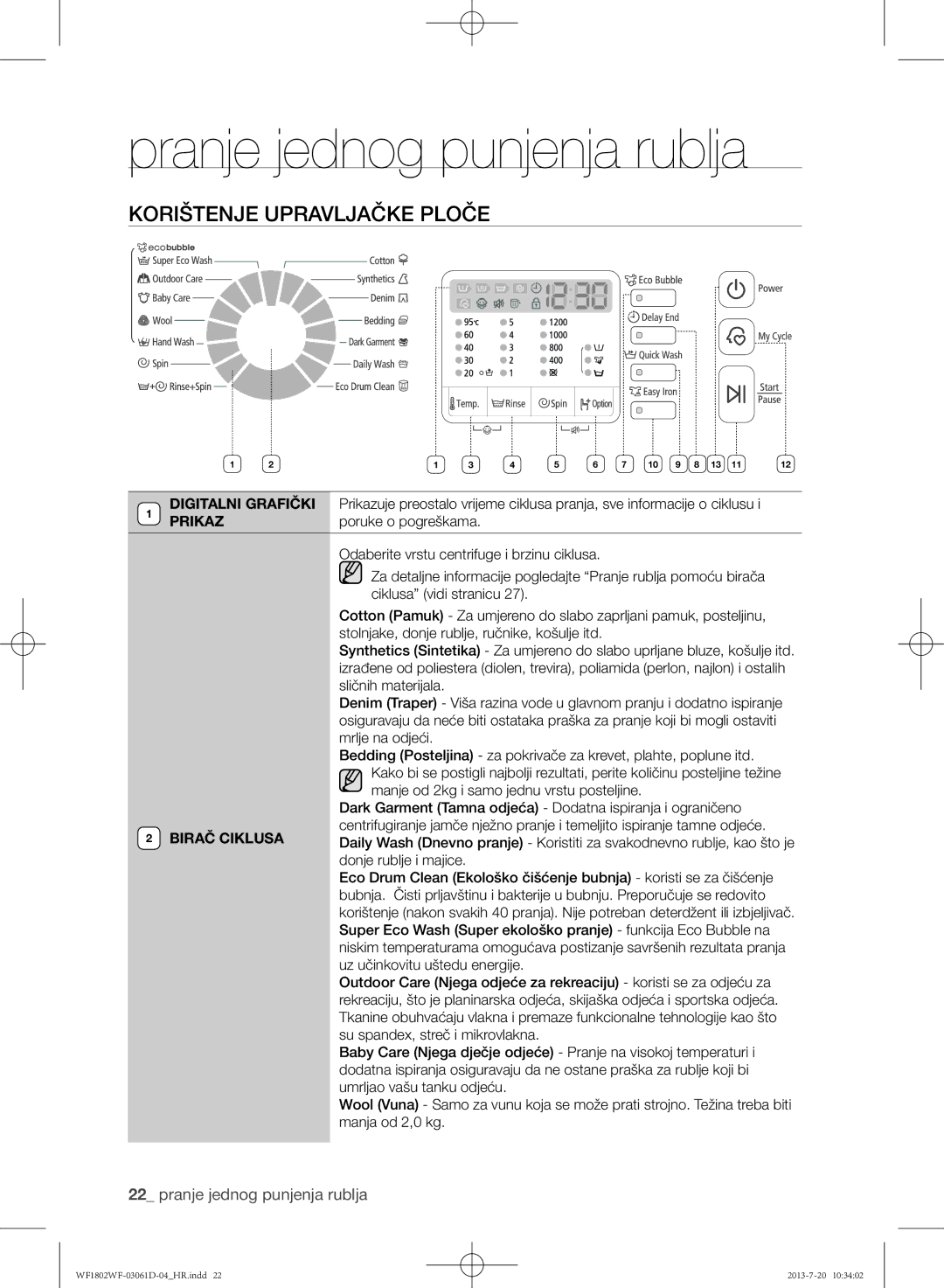 Samsung WF1802WFVS/YLE manual Korištenje upravljačke ploče, Prikaz, Poruke o pogreškama 