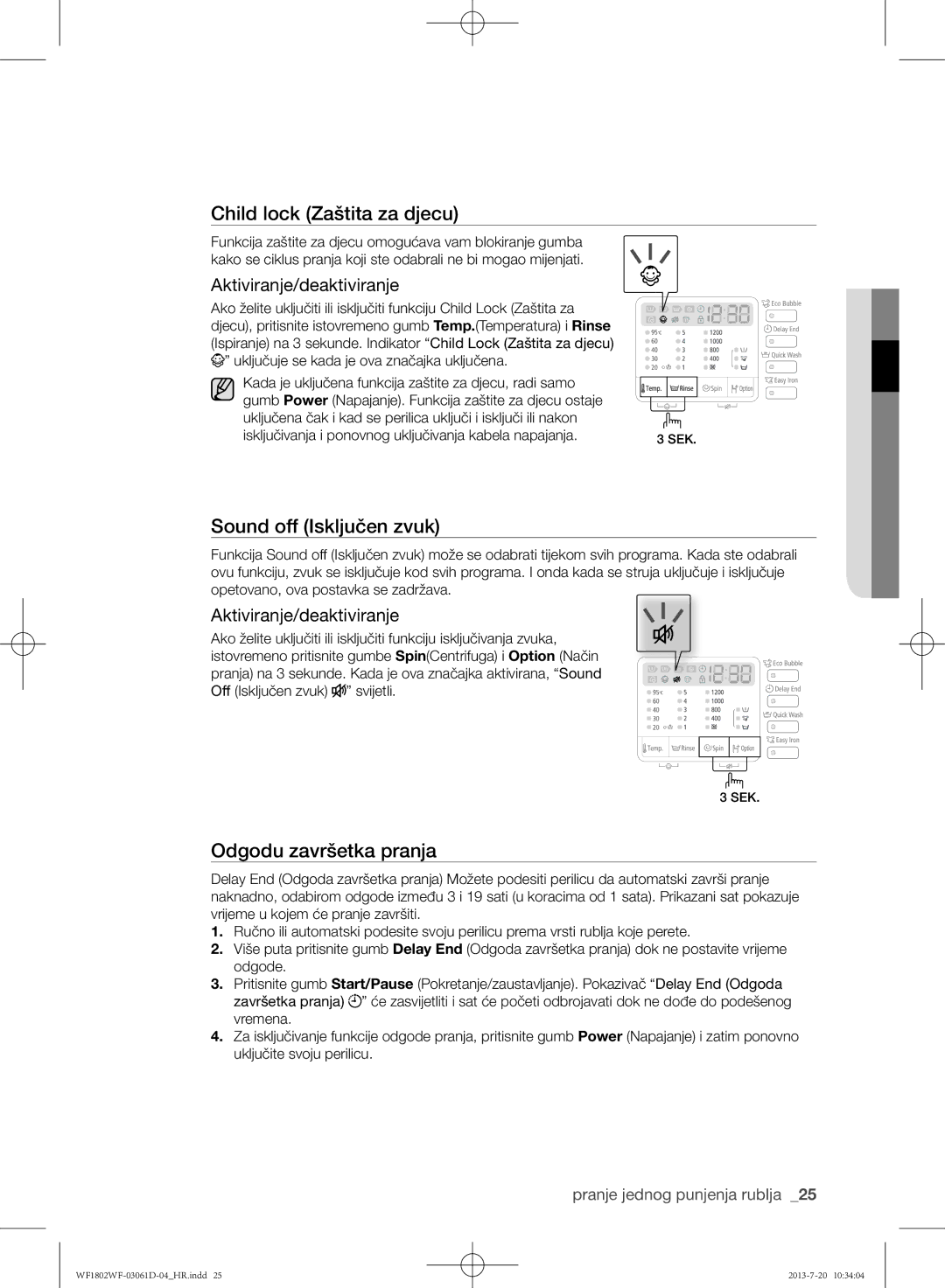 Samsung WF1802WFVS/YLE manual Sound off Isključen zvuk, Odgodu završetka pranja, Aktiviranje/deaktiviranje 