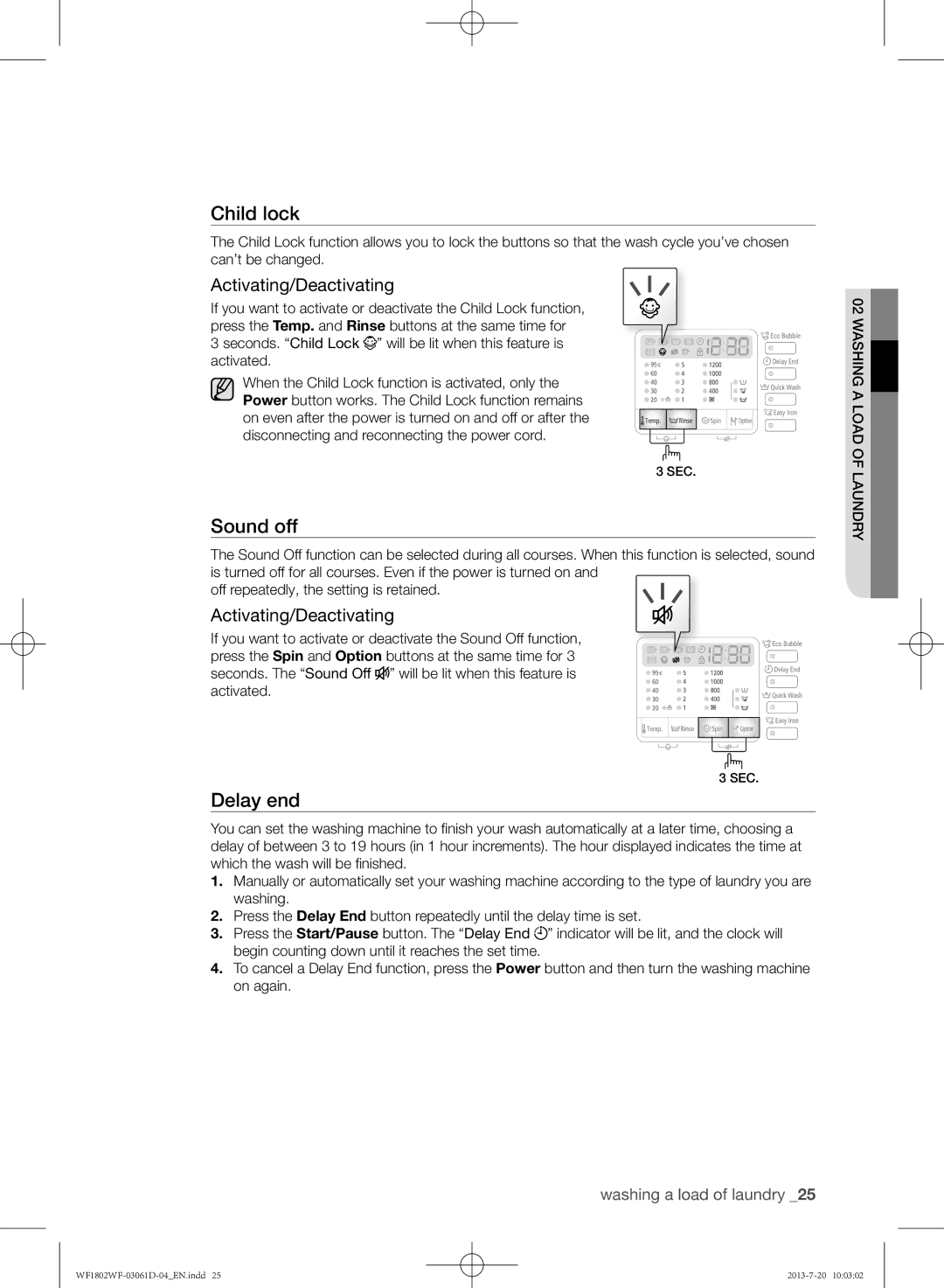 Samsung WF1802WFVS/YLE manual Sound off, Activating/Deactivating 