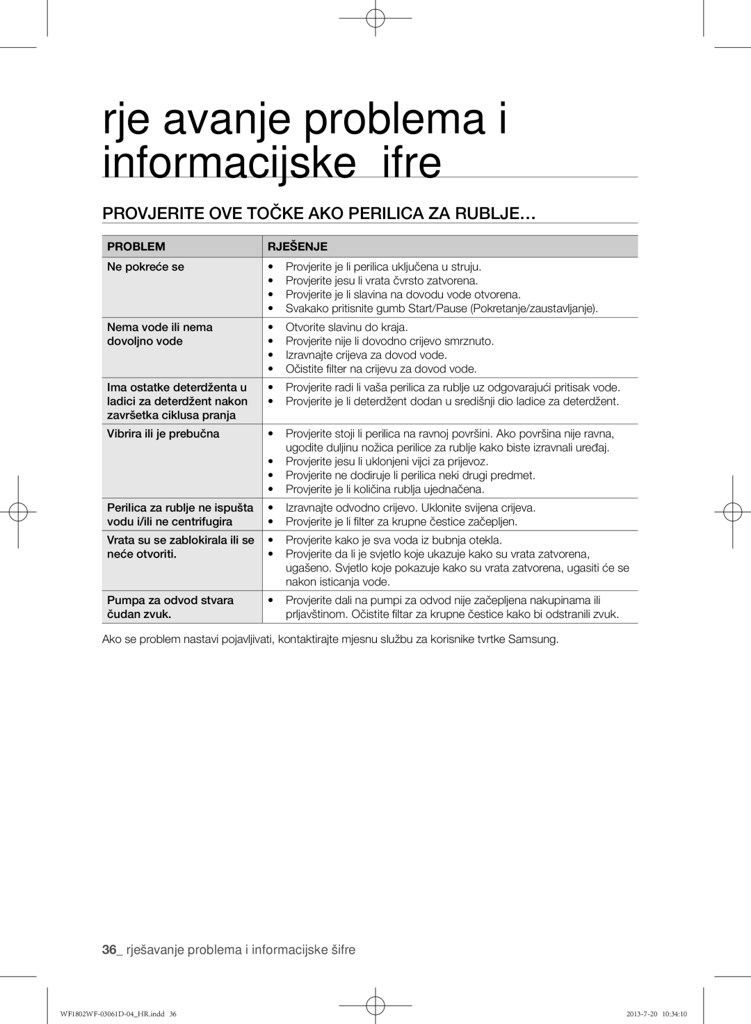 Samsung WF1802WFVS/YLE manual Provjerite ove točke ako perilica za rublje…, 36 rješavanje problema i informacijske šifre 