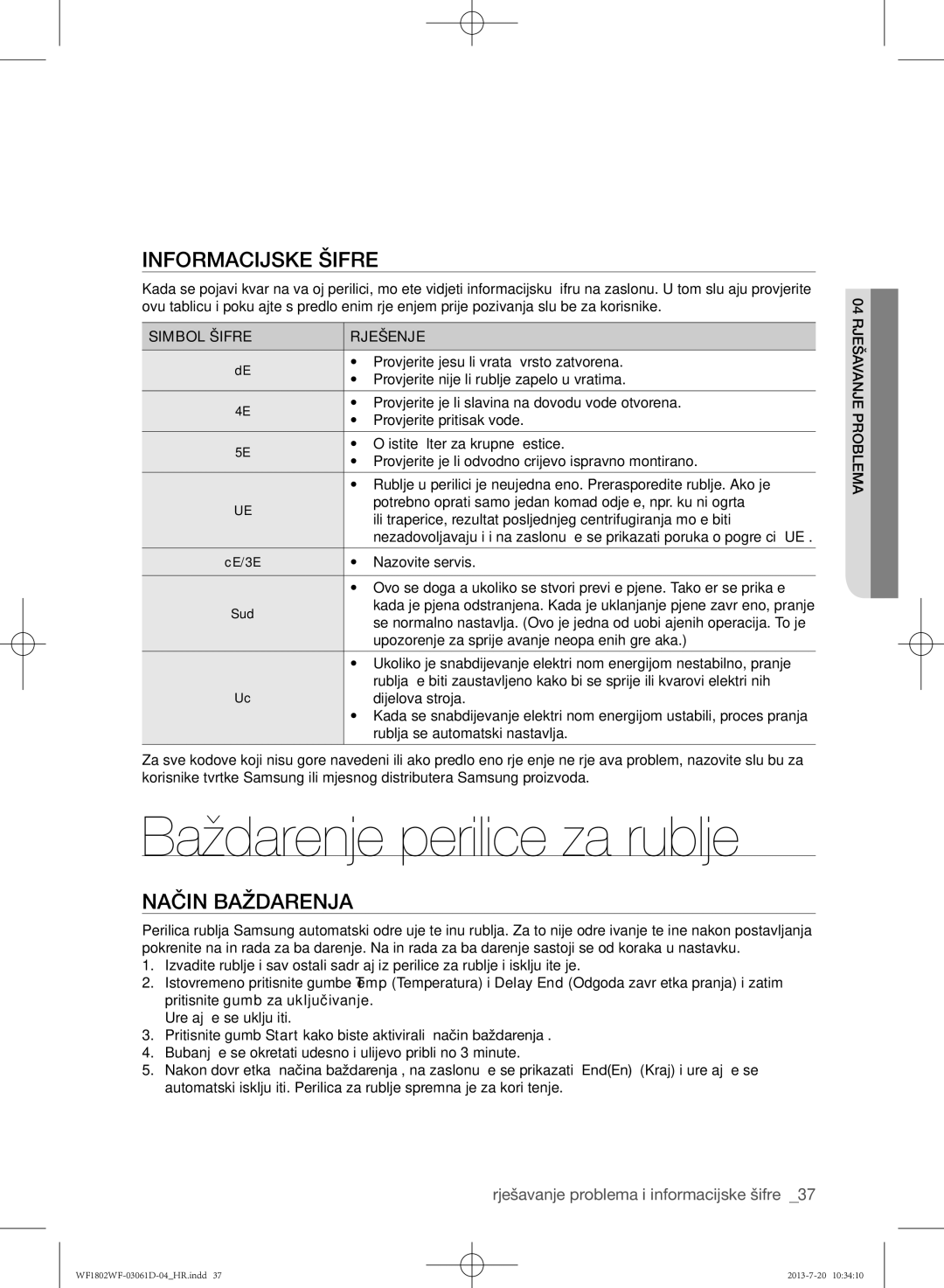 Samsung WF1802WFVS/YLE manual Baždarenje perilice za rublje, Informacijske šifre, Način baždarenja, Simbol Šifre Rješenje 