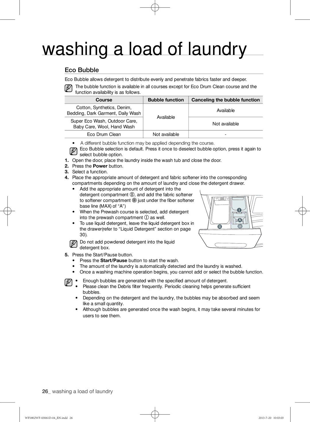 Samsung WF1802WFVS/YLE manual Eco Bubble, Course Bubble function Canceling the bubble function 