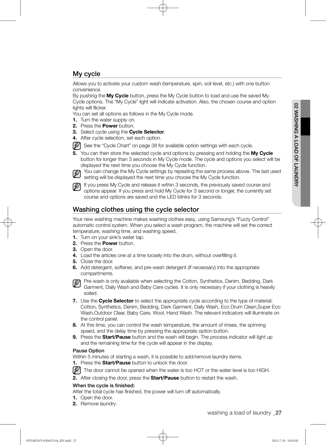 Samsung WF1802WFVS/YLE manual My cycle, Washing clothes using the cycle selector 