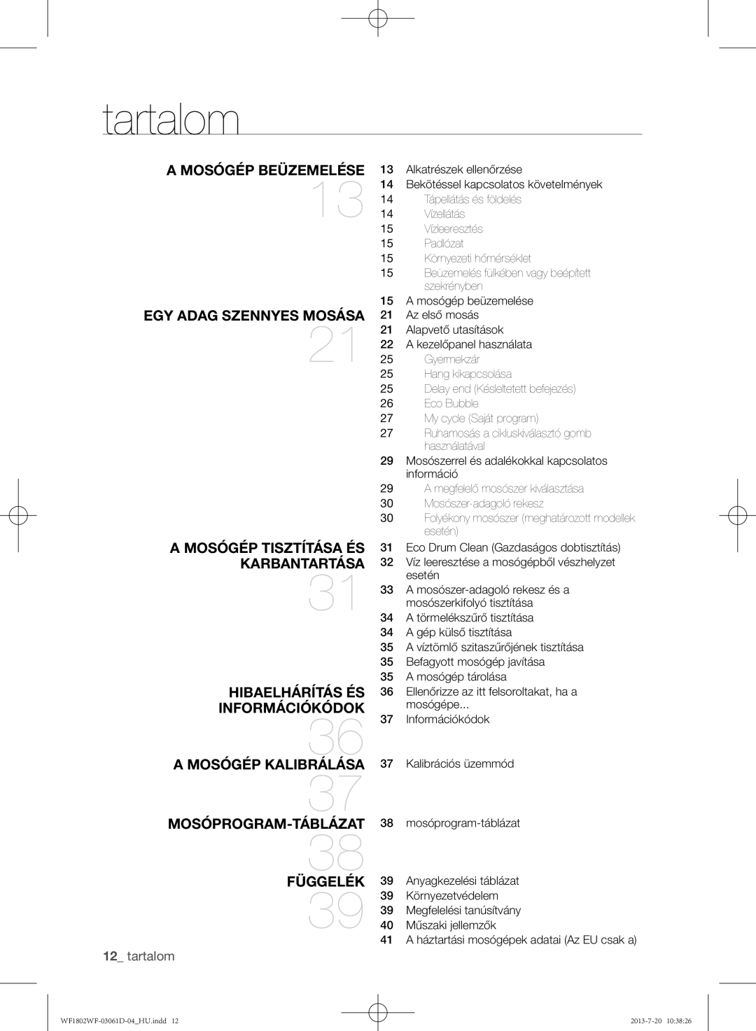 Samsung WF1802WFVS/YLE manual Tartalom 