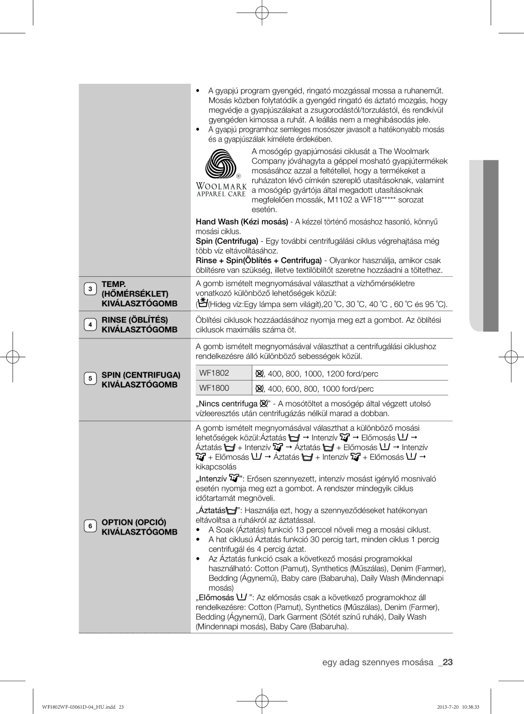 Samsung WF1802WFVS/YLE manual Temp, Hőmérséklet, Kiválasztógomb, Option Opció 