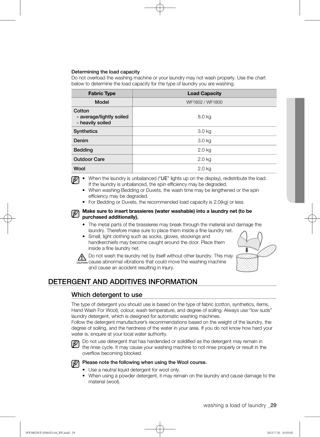 Samsung WF1802WFVS/YLE manual Detergent and additives information, Which detergent to use, Fabric Type Load Capacity, Model 