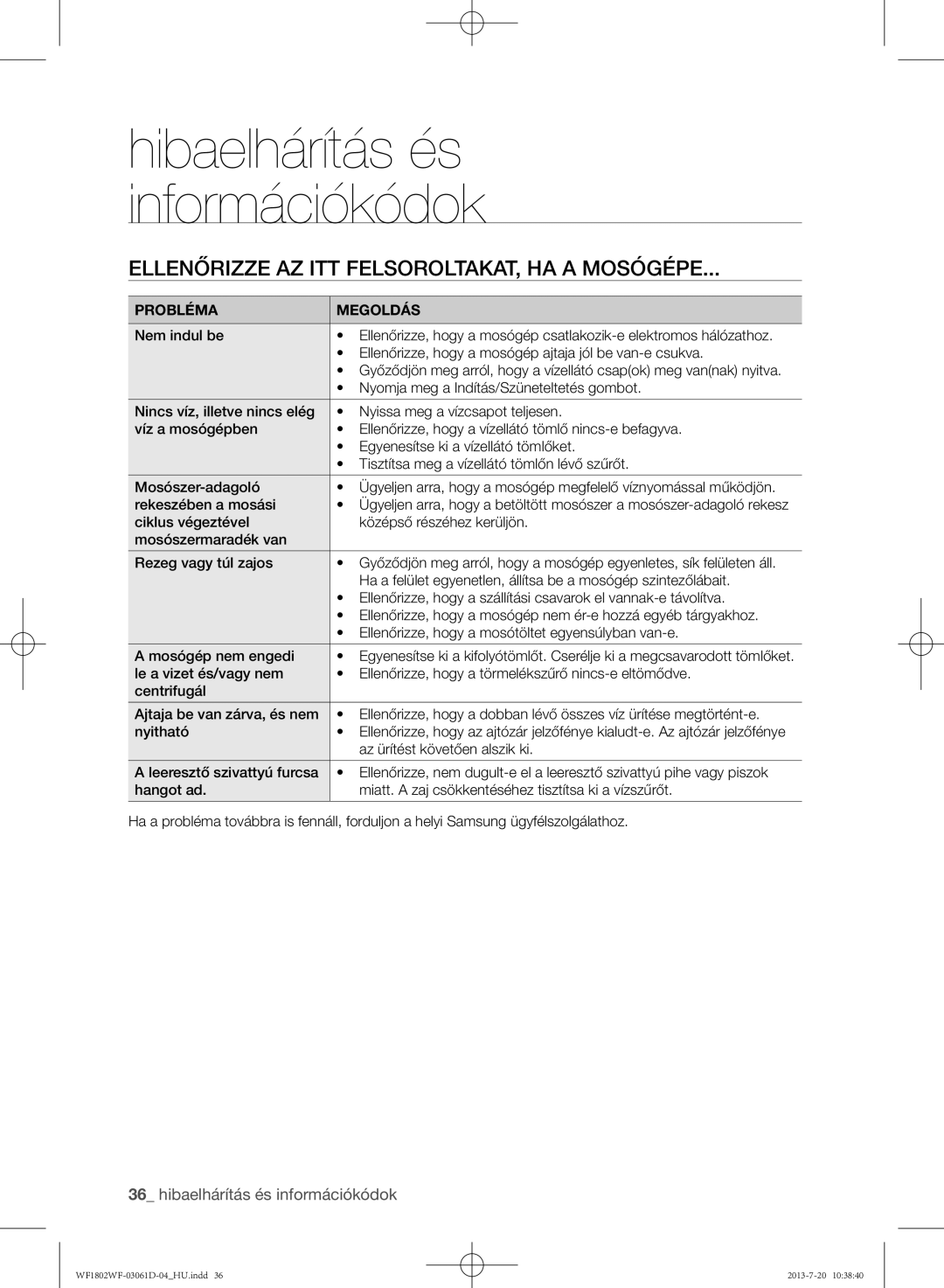 Samsung WF1802WFVS/YLE manual Ellenőrizze az itt felsoroltakat, ha a mosógépe, Hibaelhárítás és információkódok 