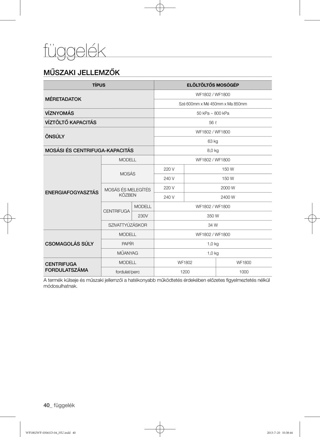 Samsung WF1802WFVS/YLE manual Műszaki jellemzők, 40 függelék 