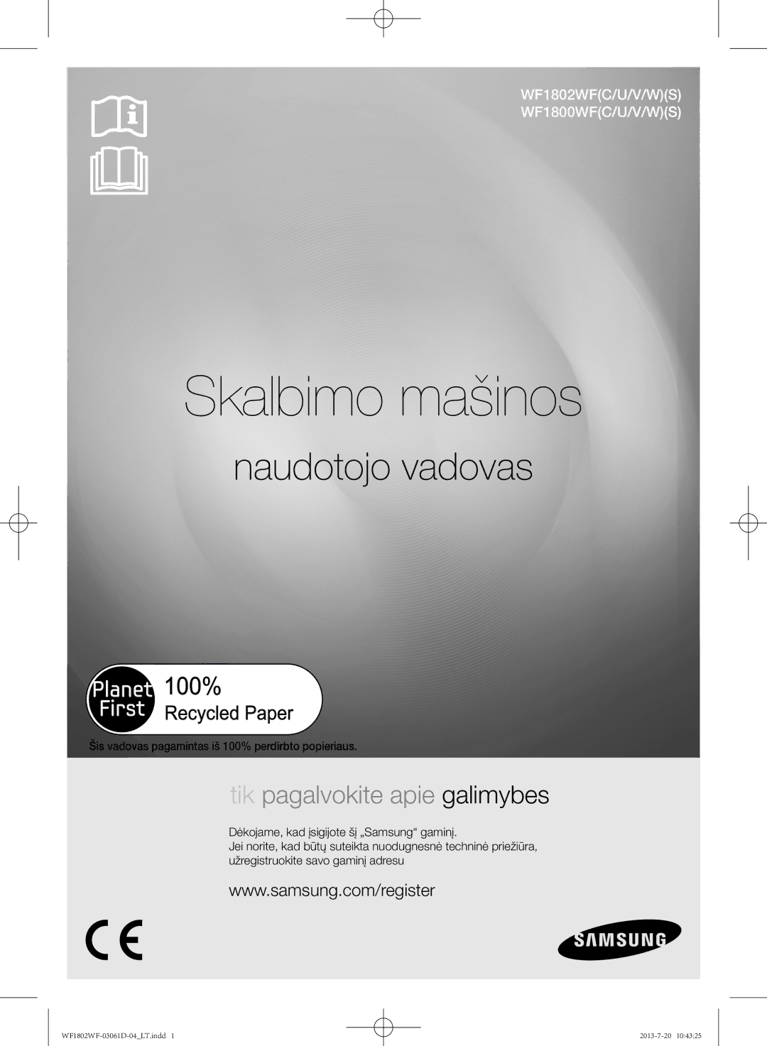 Samsung WF1802WFVS/YLE manual Skalbimo mašinos, Šis vadovas pagamintas iš 100% perdirbto popieriaus 