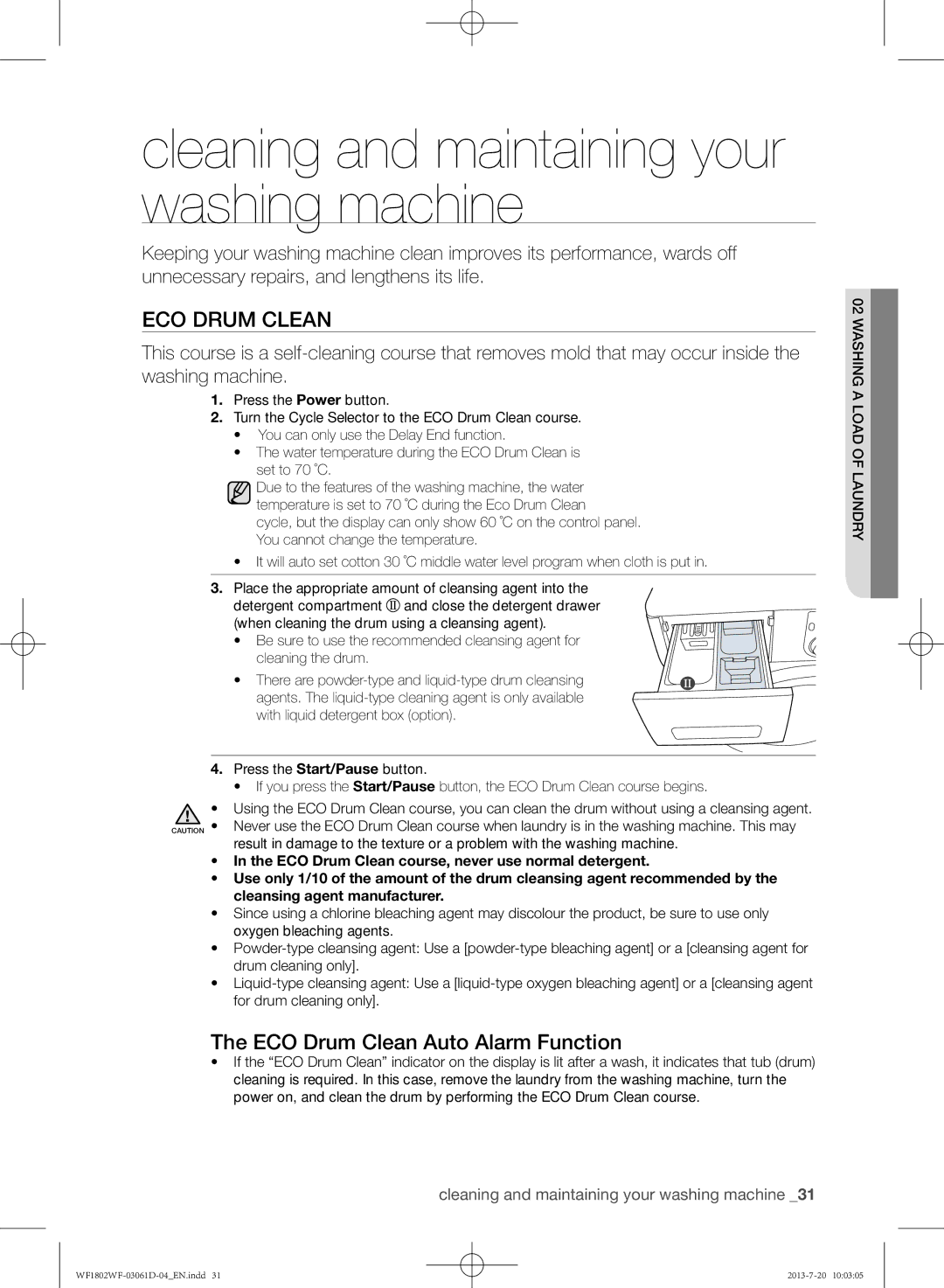 Samsung WF1802WFVS/YLE manual Cleaning and maintaining your washing machine, ECO Drum Clean Auto Alarm Function 